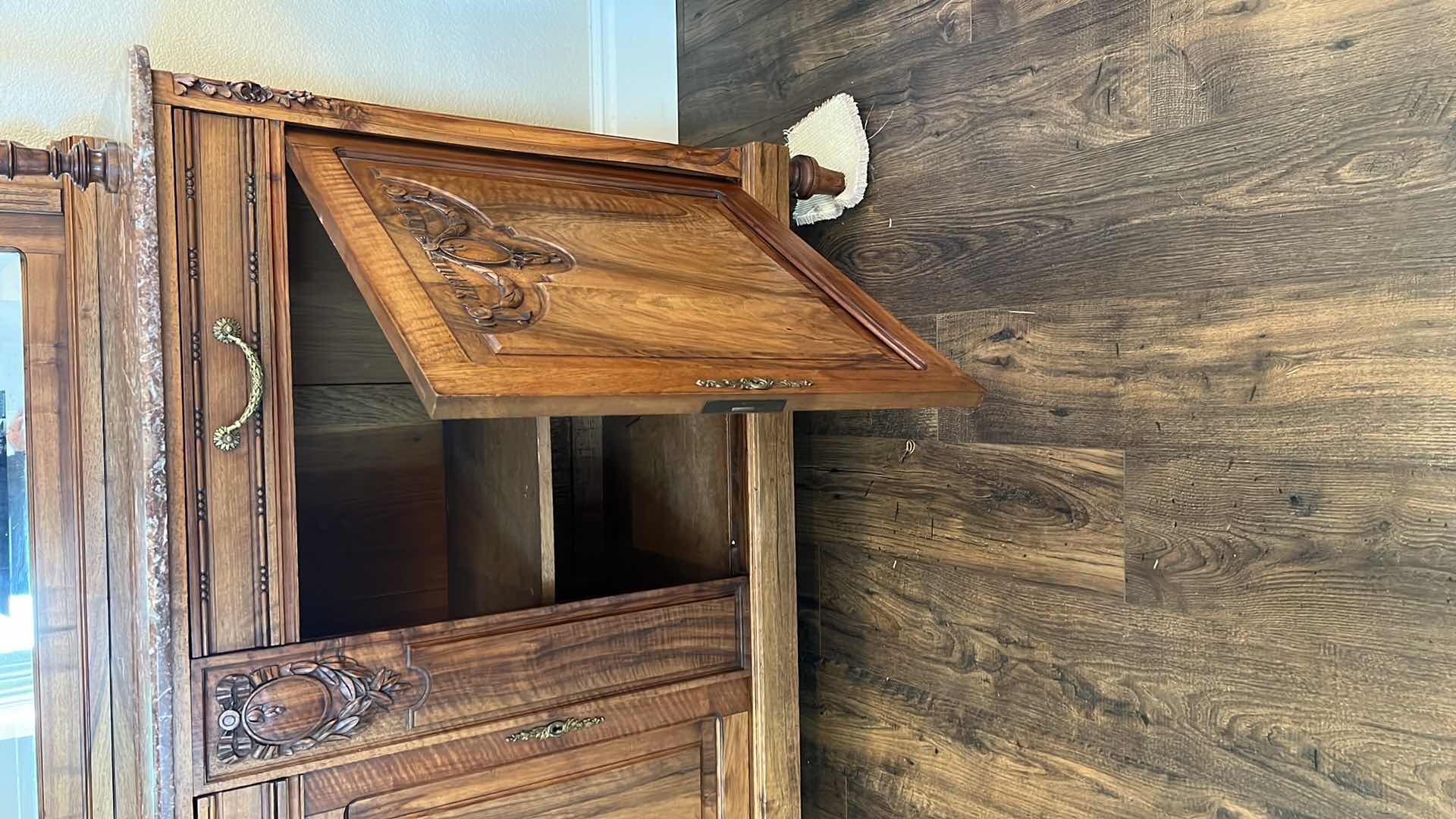 Photo 1 of ANTIQUE WALNUT HUTCH BUFFET W MARBLE TOP AND MIRROR BACK 80” x 20” H80”