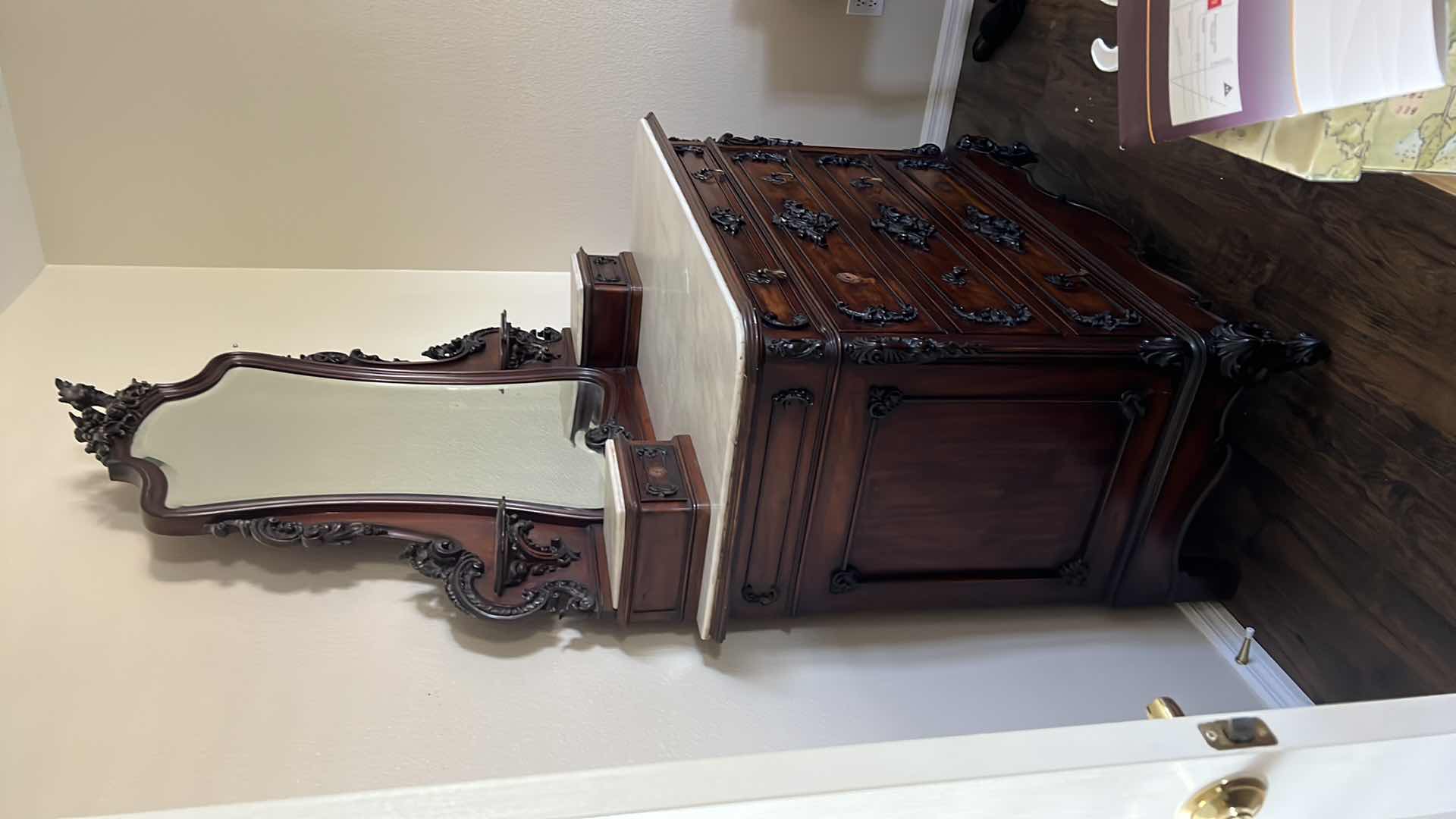 Photo 1 of ANTIQUE WALNUT VICTORIAN EASTLAKE DRESSER W MIRROR AND MARBLE TOP  51” x 24” H80” 