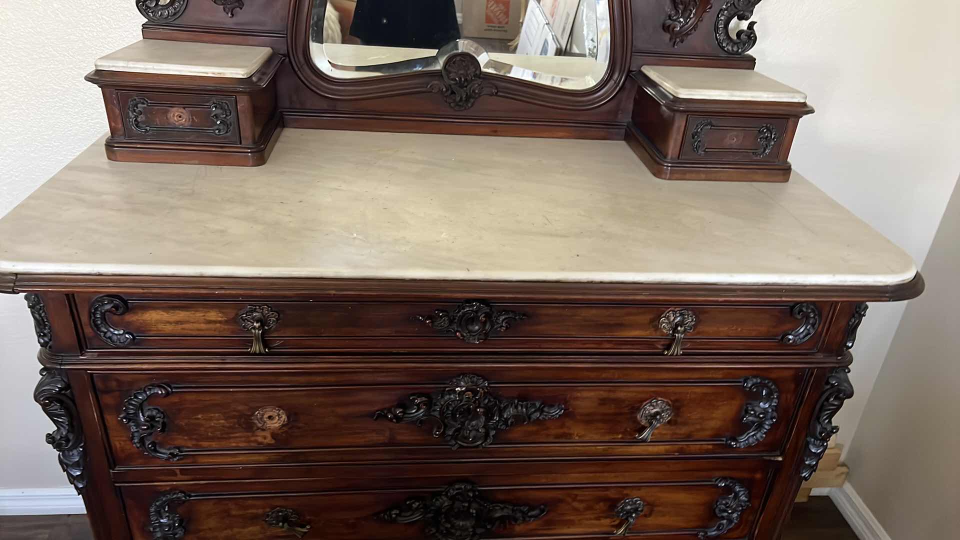 Photo 4 of ANTIQUE WALNUT VICTORIAN EASTLAKE DRESSER W MIRROR AND MARBLE TOP  51” x 24” H80” 