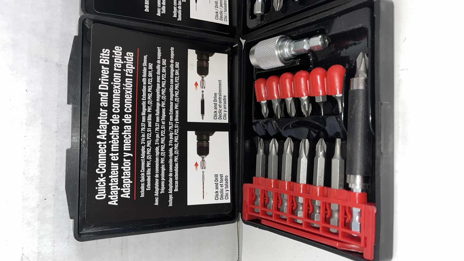Photo 1 of QUICK CONNECT ADAPTOR AND DRIVER BIT SET, MODULAR DRILL/DRIVER, AND QUICK CONNECT DRILL BITS