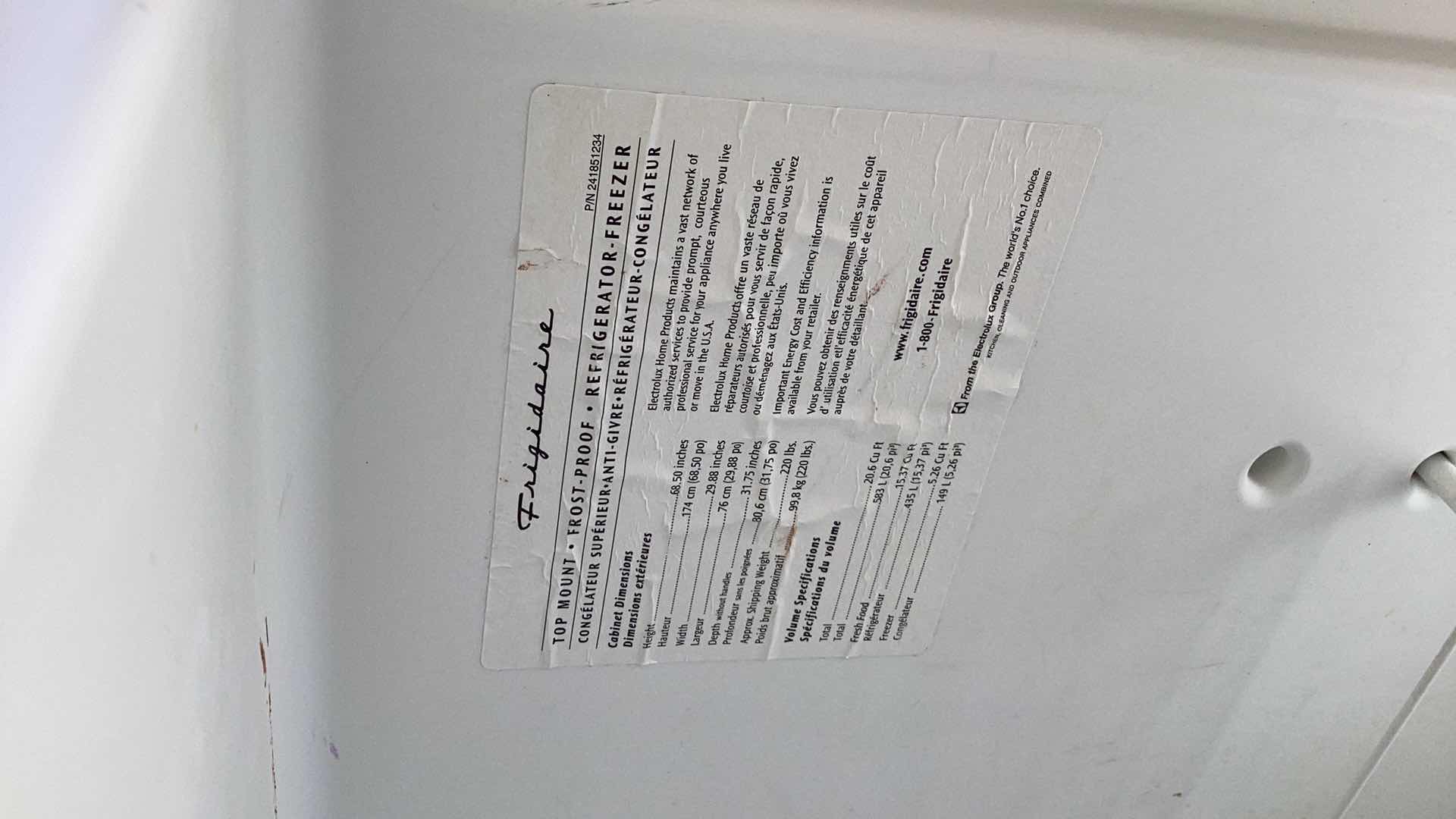Photo 1 of FRIGIDAIRE REFRIGERATOR FREEZER TESTED WORKING