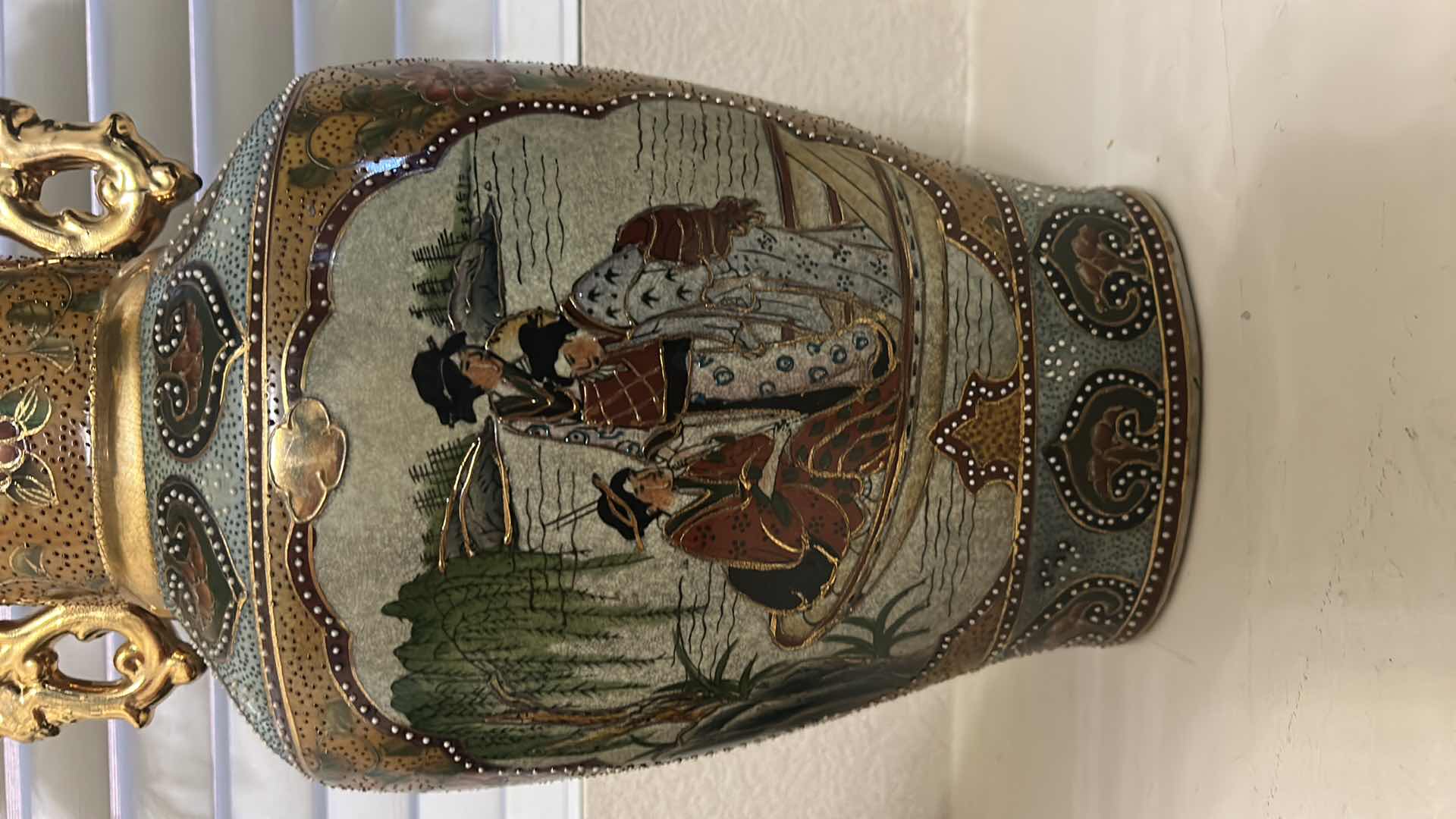 Photo 1 of METAL INLAID ENAMEL PAINTED VASE W FAUX FLOWERS, HEIGHT OF VASE 18”