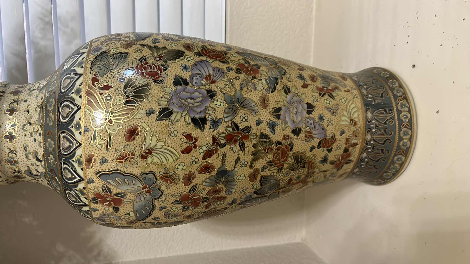 Photo 2 of METAL AND ENAMELED ASIAN VASE WITH FAUX FLOWERS 44”