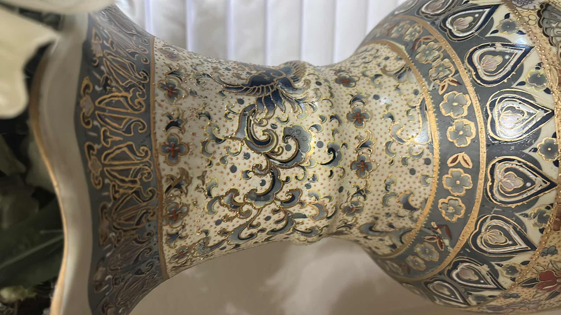 Photo 1 of METAL AND ENAMELED ASIAN VASE WITH FAUX FLOWERS 44”