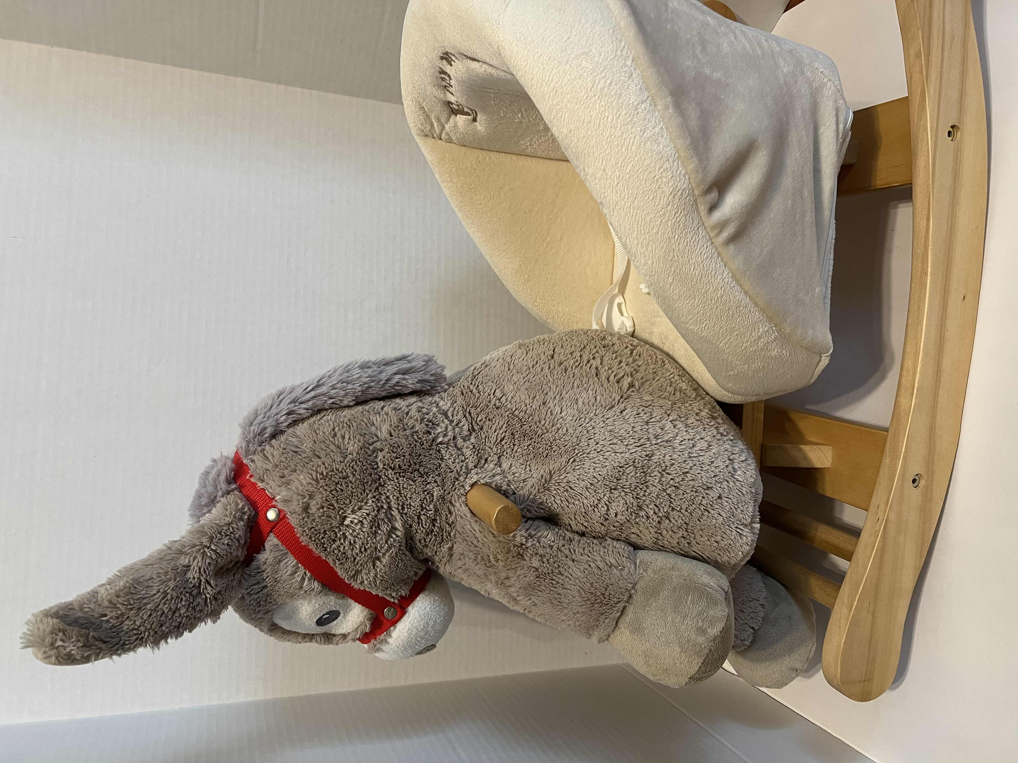 Photo 2 of BABY ROCKING STUFFED DONKEY. LIKE NEW. PLUSH, GRAY AND CREAM COLORED WITH SAFETY BELT. WOODEN ROCKING TRACKS.