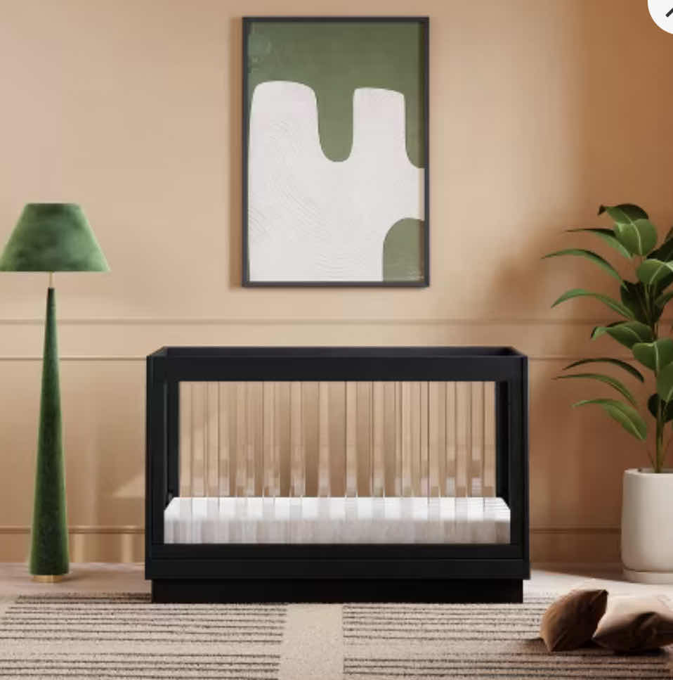 Photo 2 of BRAND NEW BABYLETTO HARLOW CONVERTIBLE CRIB.  BLACK AND CLEAR ACRYLIC. TURNS INTO TODDLER BED.  