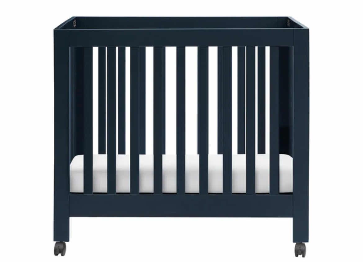 Photo 1 of BABYLETTO ORIGAMI MINI CRIB. COLLAPSABLE WOODEN BASINET, WITH CUSTOM SIZED MATTRESS PAD AND NEUTRAL SHEET. BLUE GREY COLOR, LIKE NEW. 