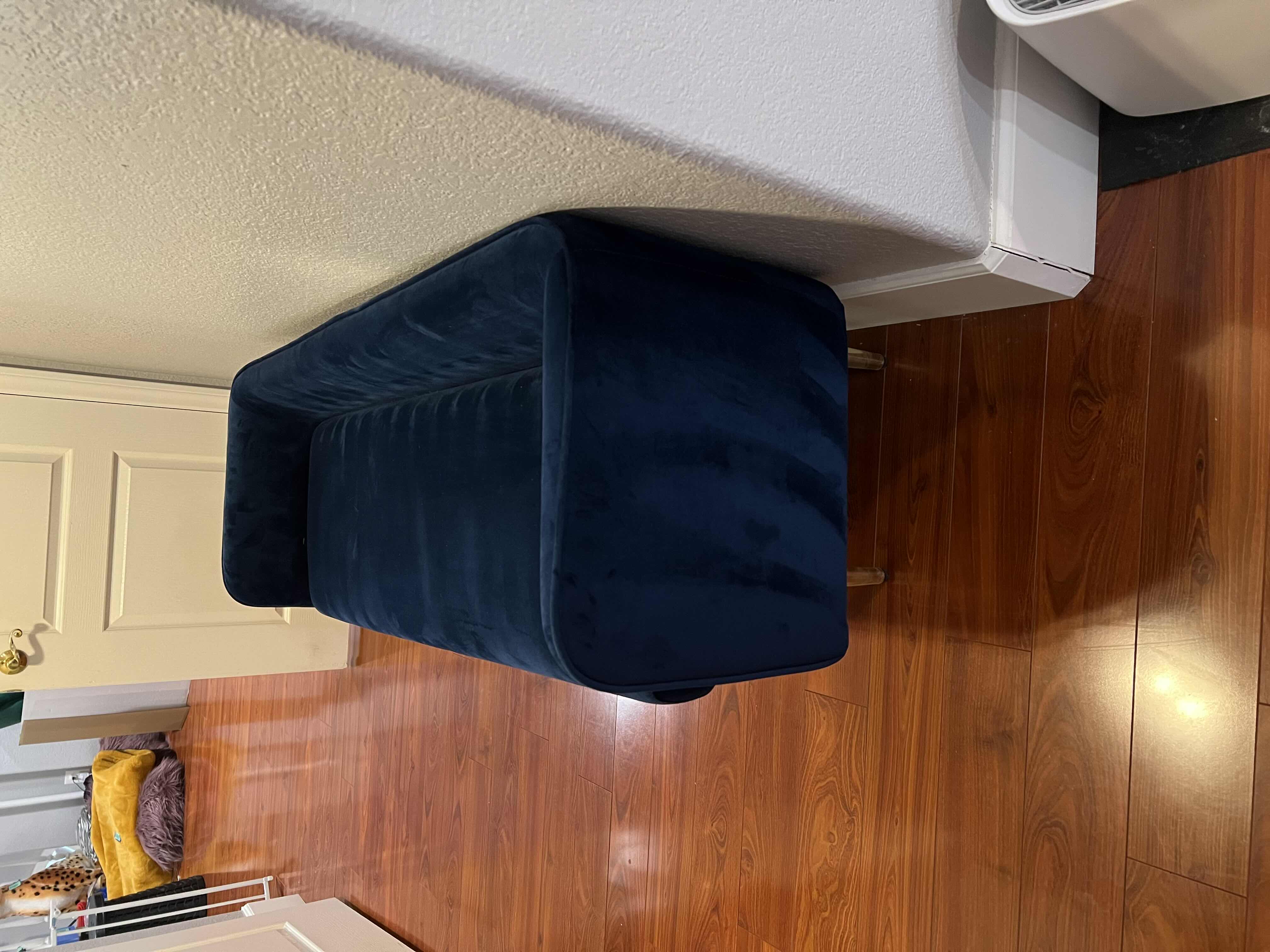 Photo 1 of BLUE VELVET CARBATCM LOW BACK BENCH WITH GOLD ACCENT LEGS. 4’ X 2’ 
