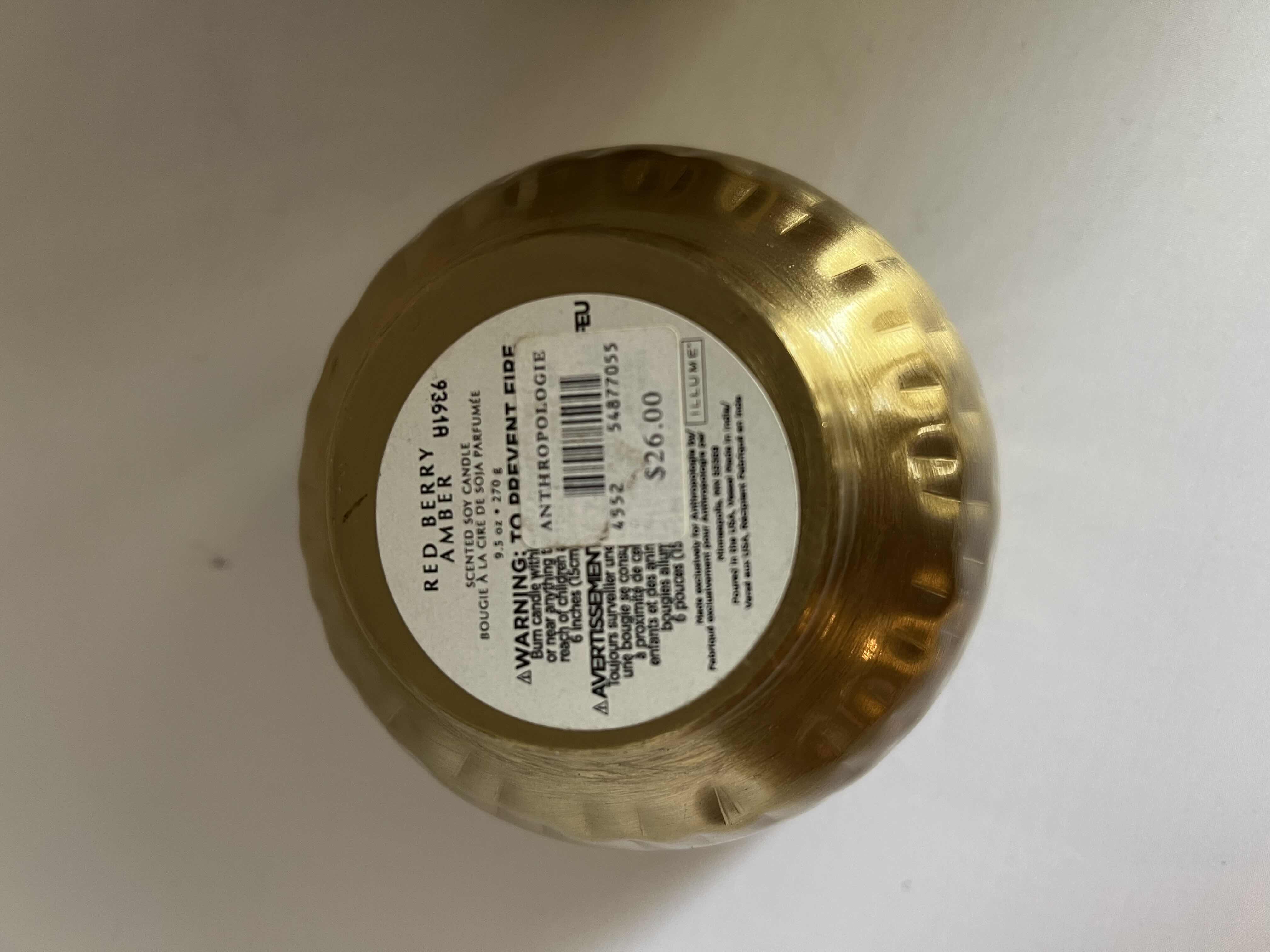 Photo 3 of BRAND NEW ANTHROPOLOGY 9.7 OZ CANDLE.  “RED AMBER” IN GOLD DECORATIVE BOWL. 