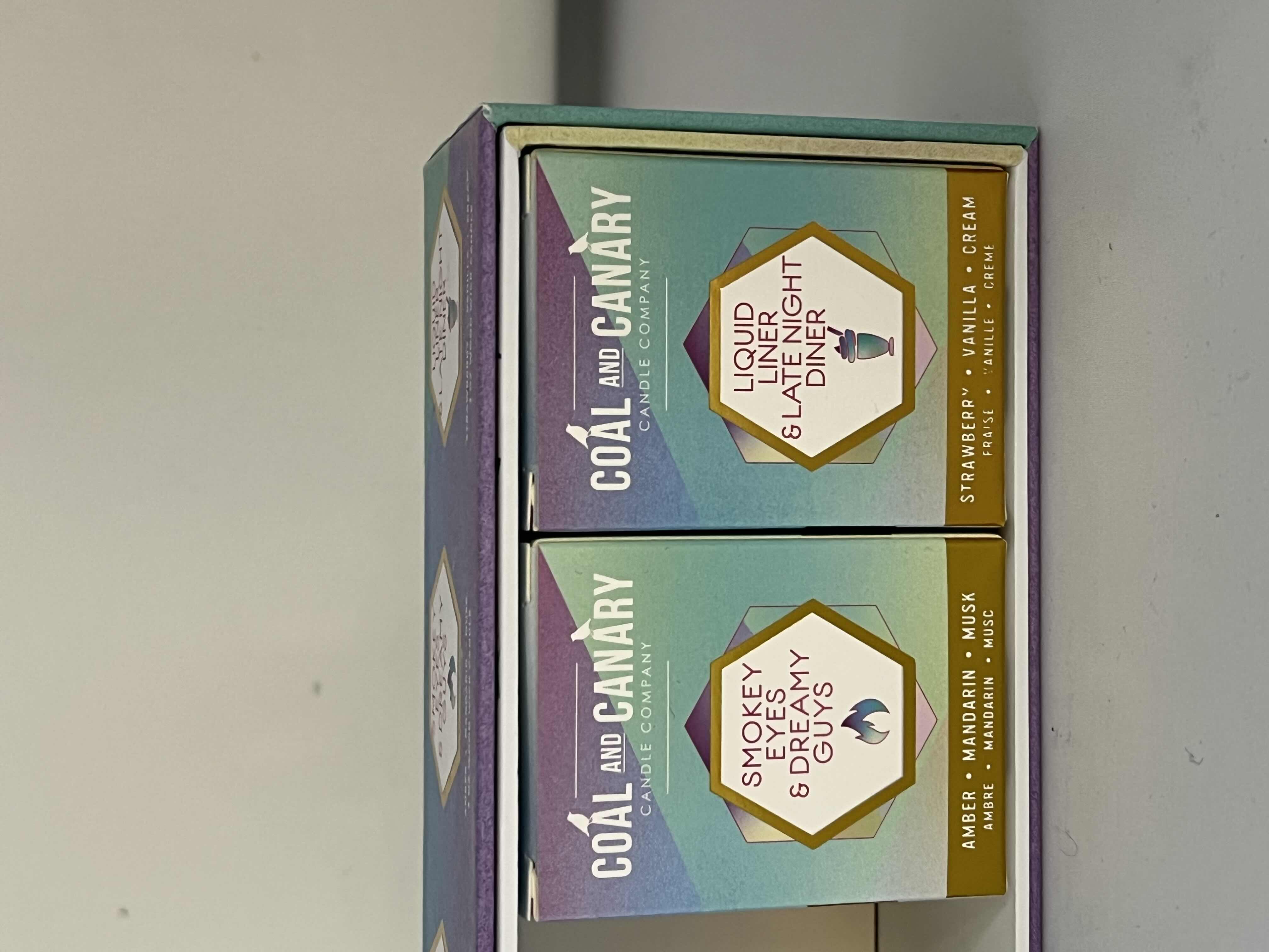 Photo 1 of 4-NEW IN BOX COAL AND CANARY 3OZ HAND POURED WOOD WICK CANDLES. “GIRLS NIGHT OUT” COLLECTION. (1 CANDLE MISSING FROM SET OF 5)