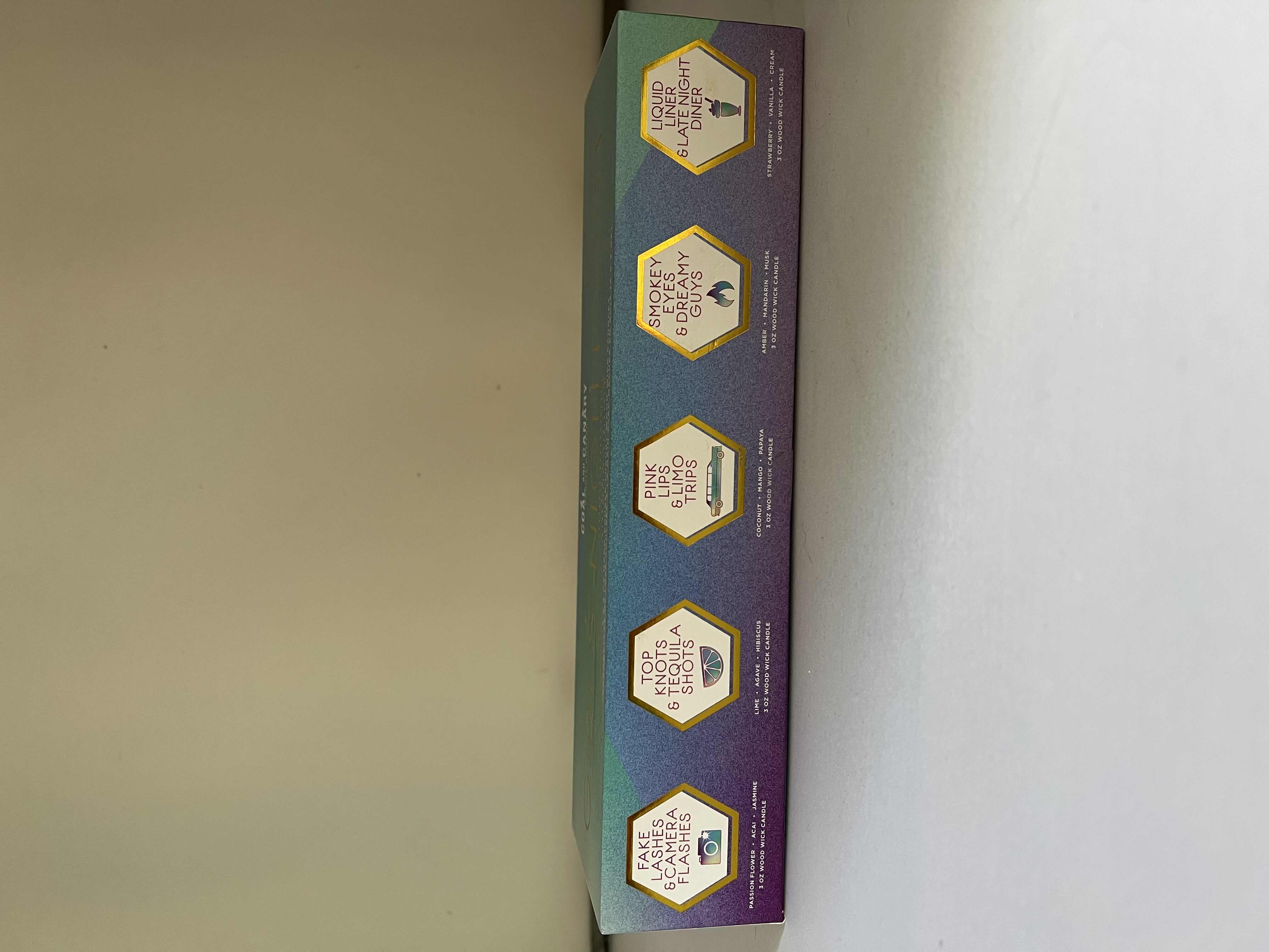 Photo 1 of 4-NEW IN BOX COAL AND CANARY 3OZ HAND POURED WOOD WICK CANDLES. “GIRLS NIGHT OUT” COLLECTION. (1 CANDLE MISSING FROM SET OF 5)