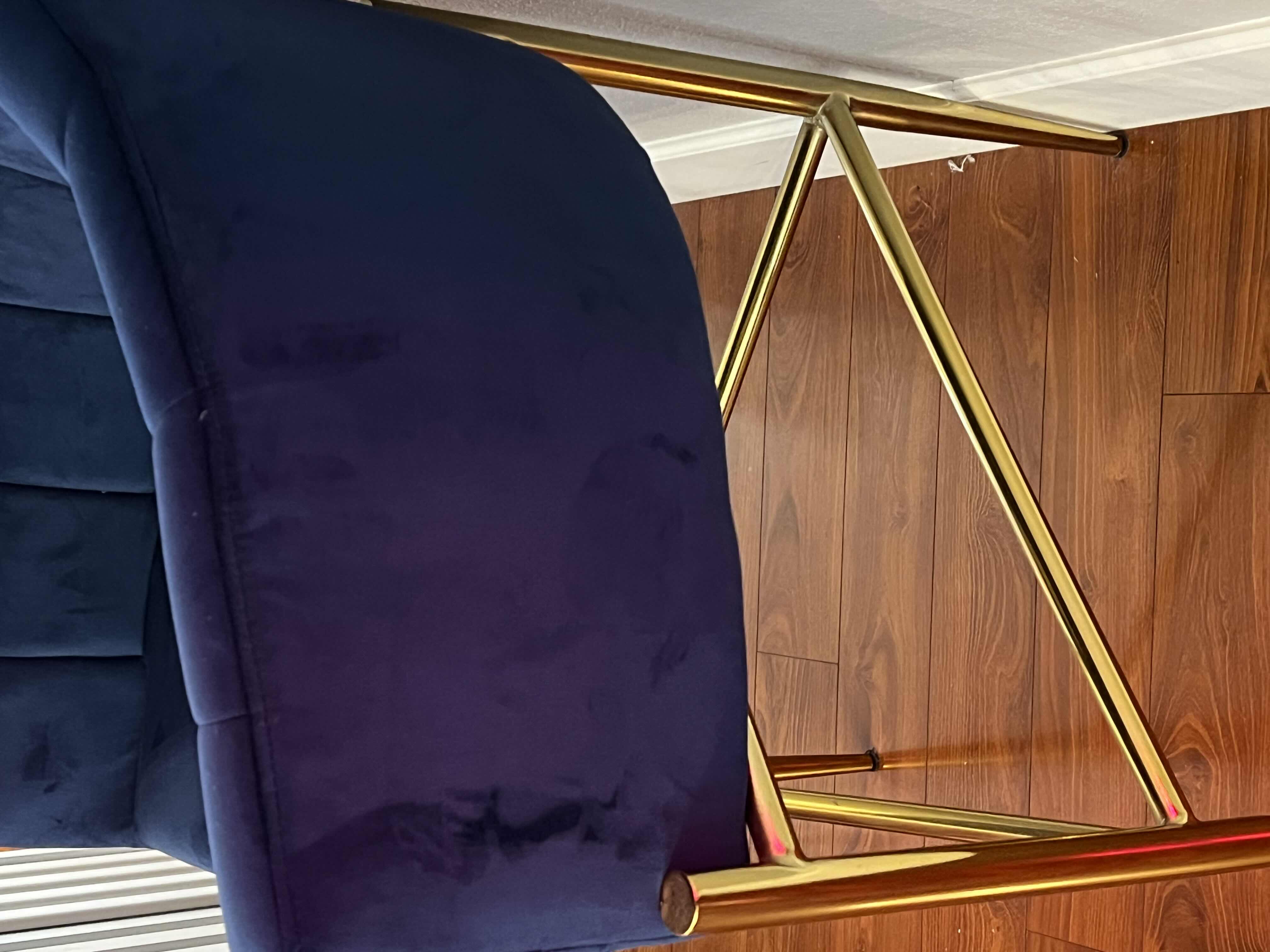 Photo 1 of 1-ICONIC BLUE VELVET BAR STOOLS. GOLD ACCENTS MODERN DECOR. SET OF TWO (SOLD SEPARATELY)