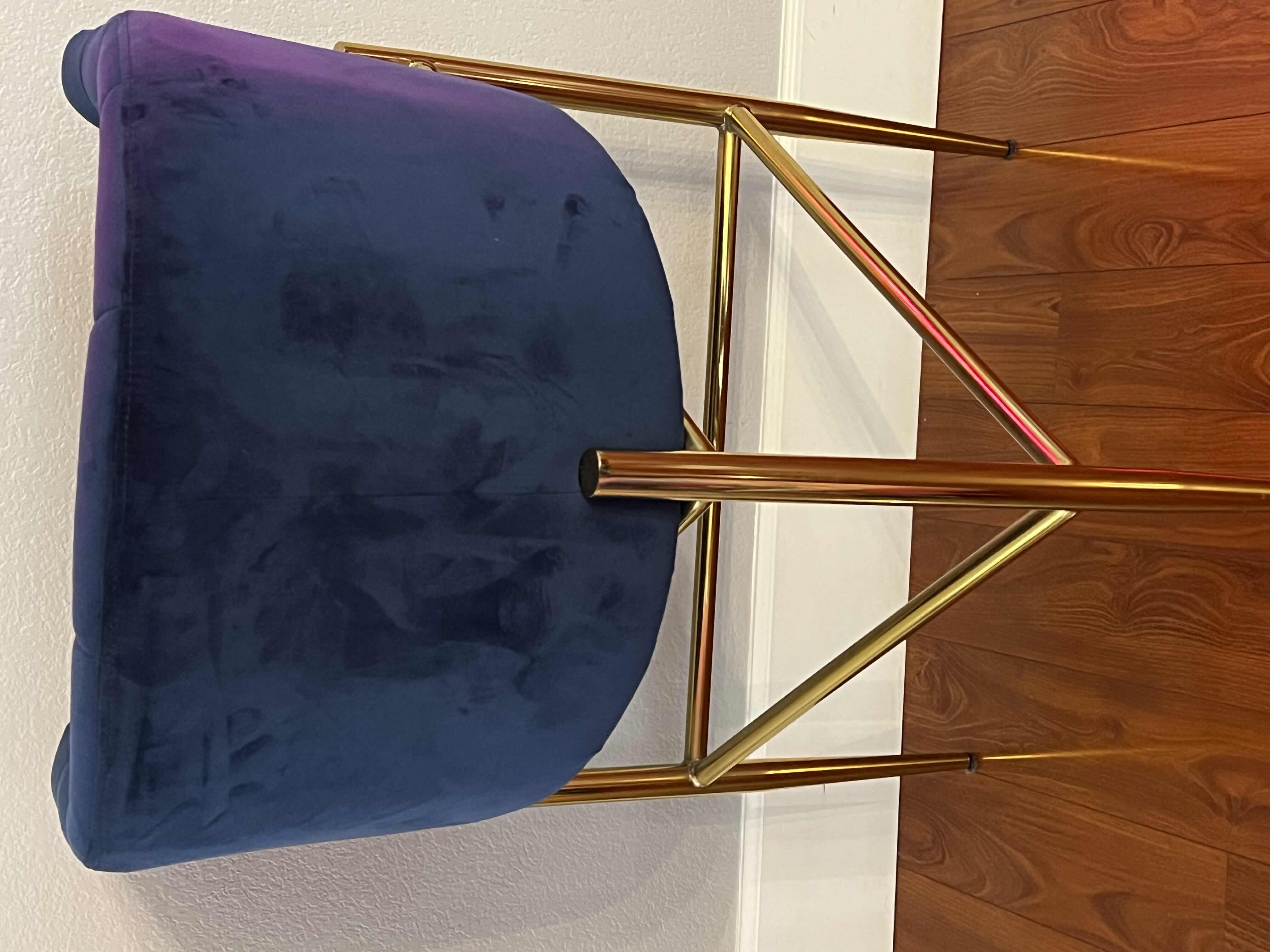 Photo 1 of 1-ICONIC BLUE VELVET BAR STOOLS. GOLD ACCENTS MODERN DECOR. SET OF TWO (SOLD SEPARATELY)
