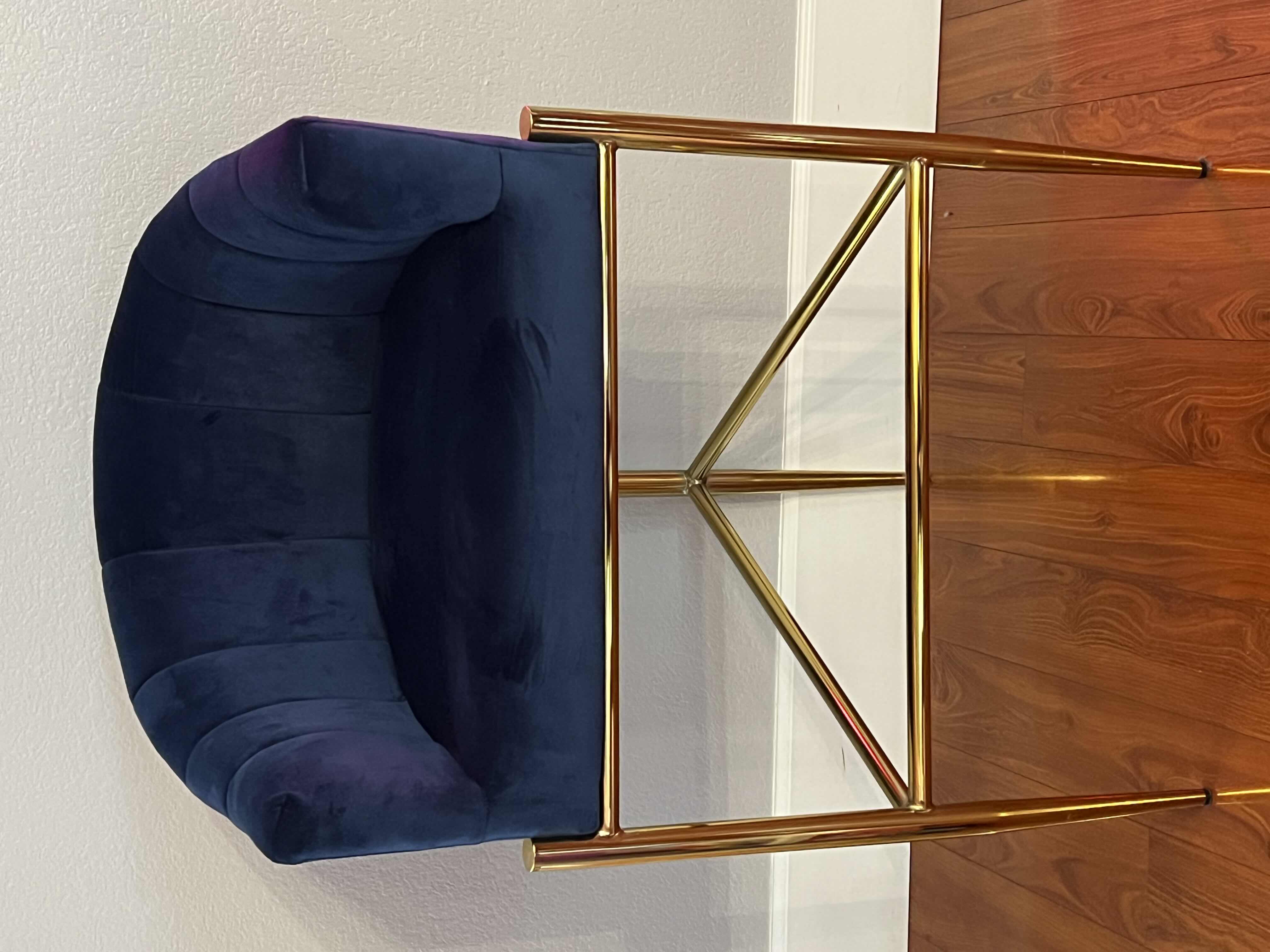 Photo 1 of 1-ICONIC BLUE VELVET BAR STOOLS. GOLD ACCENTS MODERN DECOR. SET OF TWO (SOLD SEPARATELY)