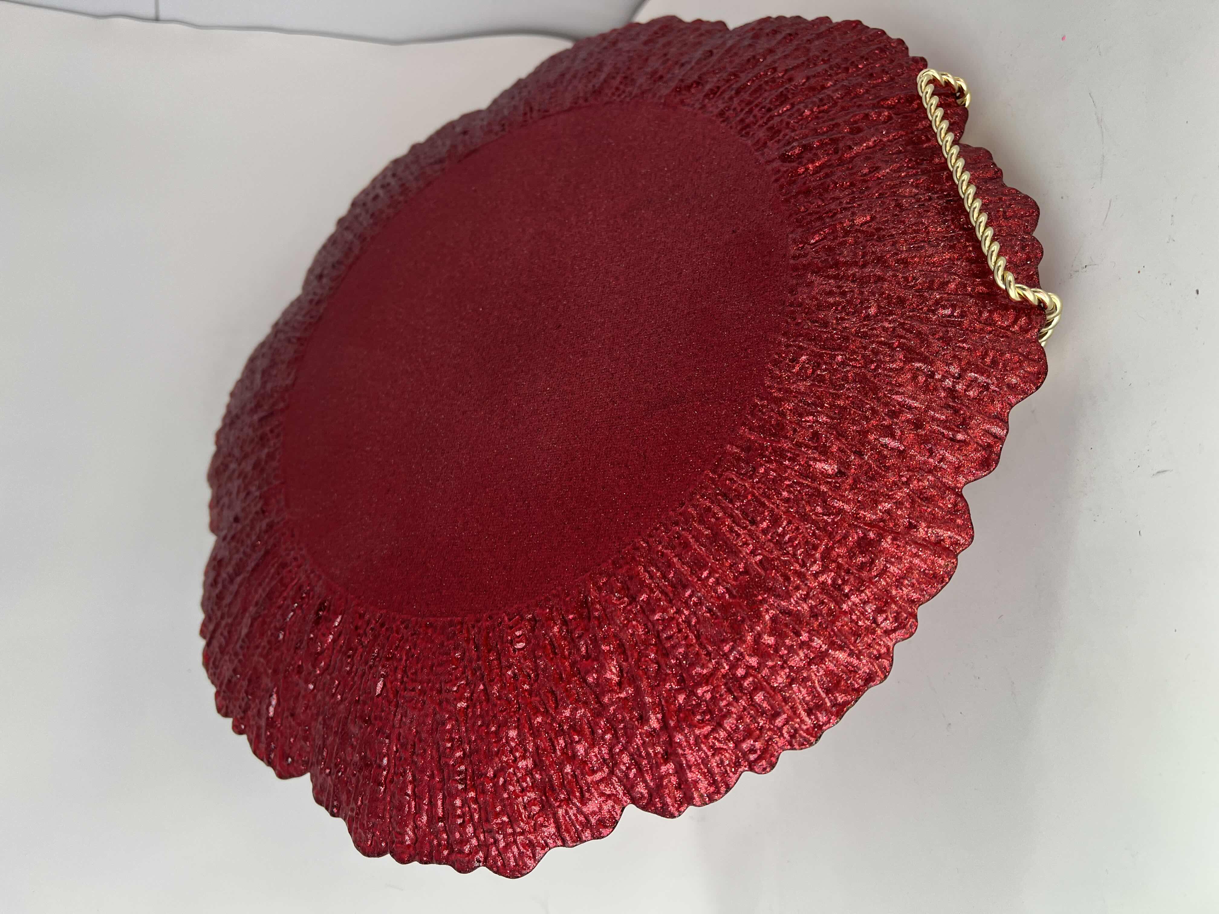 Photo 1 of 3-FORGED GLITTER GLASS PLATE CHARGER. BURGANDY, TEXTURED WITH SCALLOPED EDGE.  13” SET OF 3 (OTHER SET OF 3 SOLD SEPARATELY.  