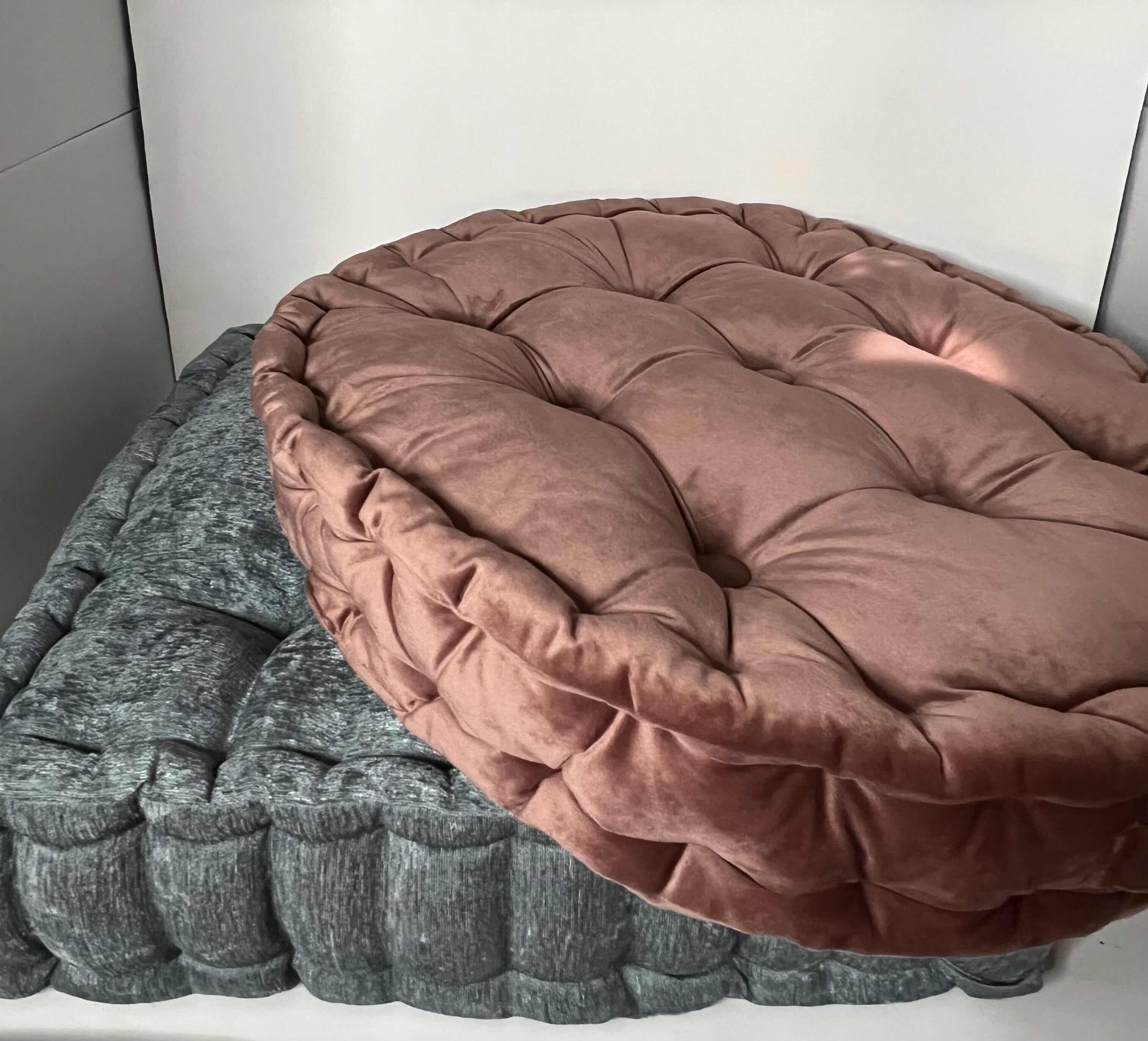 Photo 1 of 2-DECORATIVE SEAT CUSHIONS. THICK UPHOLSTERED PADS FOR MEDITATION, DECORATION AND CHAIR USE, GREY AND ROSE GOLD.