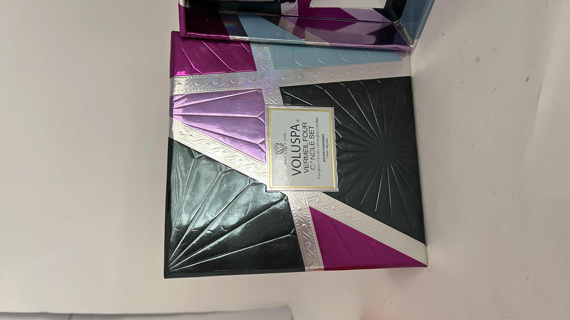 Photo 1 of 3-BRAND NEW VOLUSPA VERMEIL FOUR CANDLE SET. 4 GLOSSY METALIC VOTIVE GLASS CANDLES (ONE CANDLE MISSING IN SET).