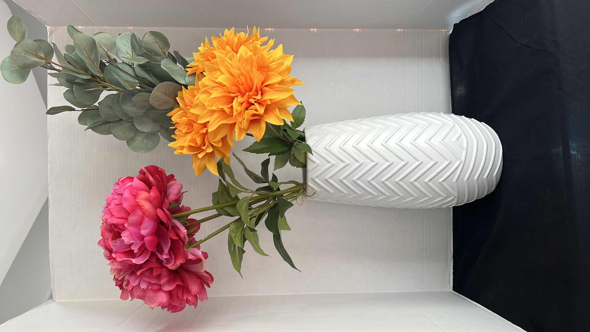 Photo 1 of 2-WHITE DECORATIVE CHEVRON TEXTURED VASE WITH FAUX FLOWERS. SET OF 2.