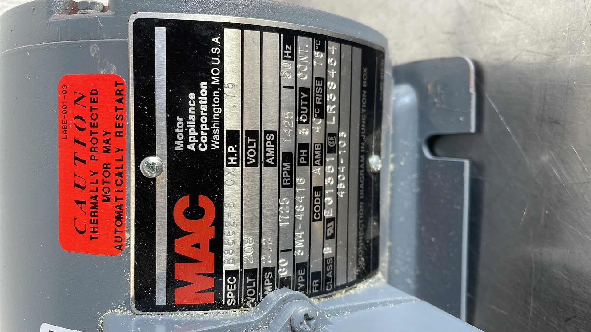 Photo 5 of MAC MOTOR APPLIANCE CORP ALT.  MOTOR  B8562-3 CX 3/4HP 208V