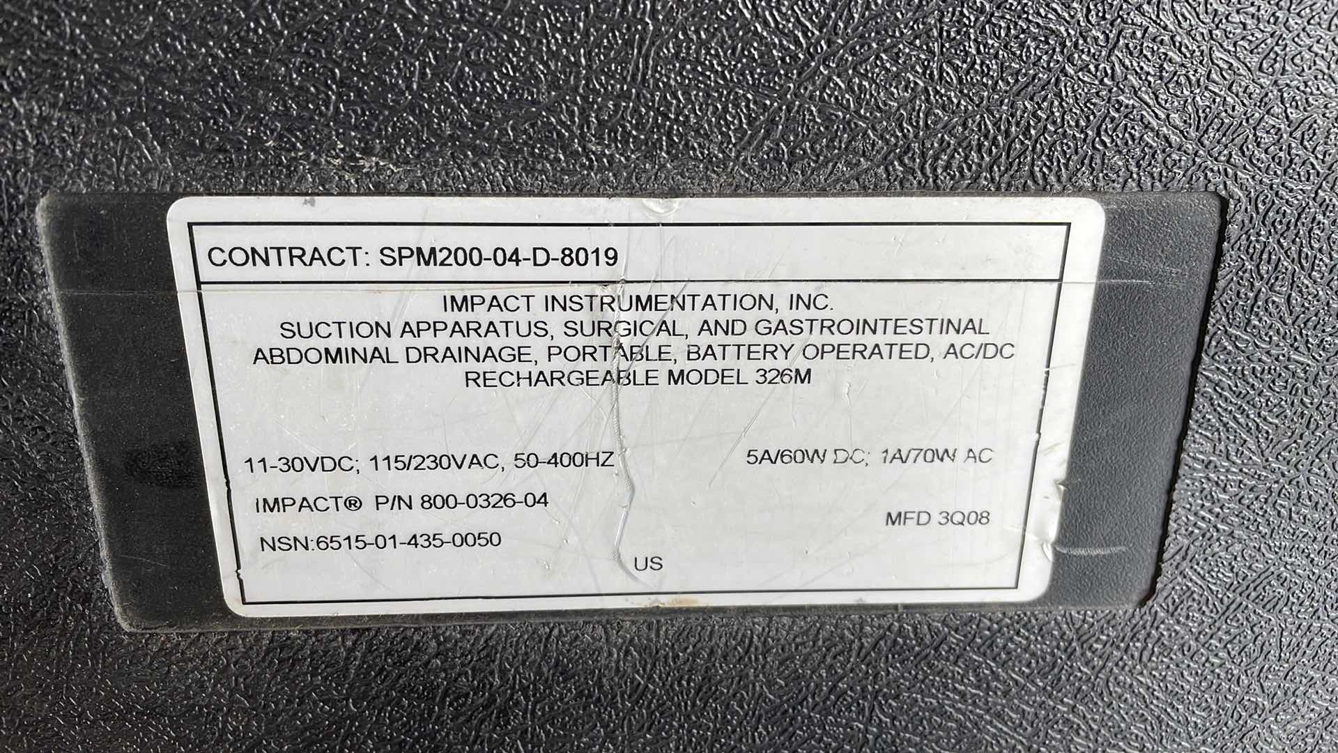 Photo 7 of IMPACT INSTRUMENTATION, INC.

SUCTION APPARATUS, SURGICAL, AND GASTROINTESTINAL ABDOMINAL DRAINAGE, PORTABLE, BATTERY OPERATED, AC/DC RECHARGEABLE MODEL 326M