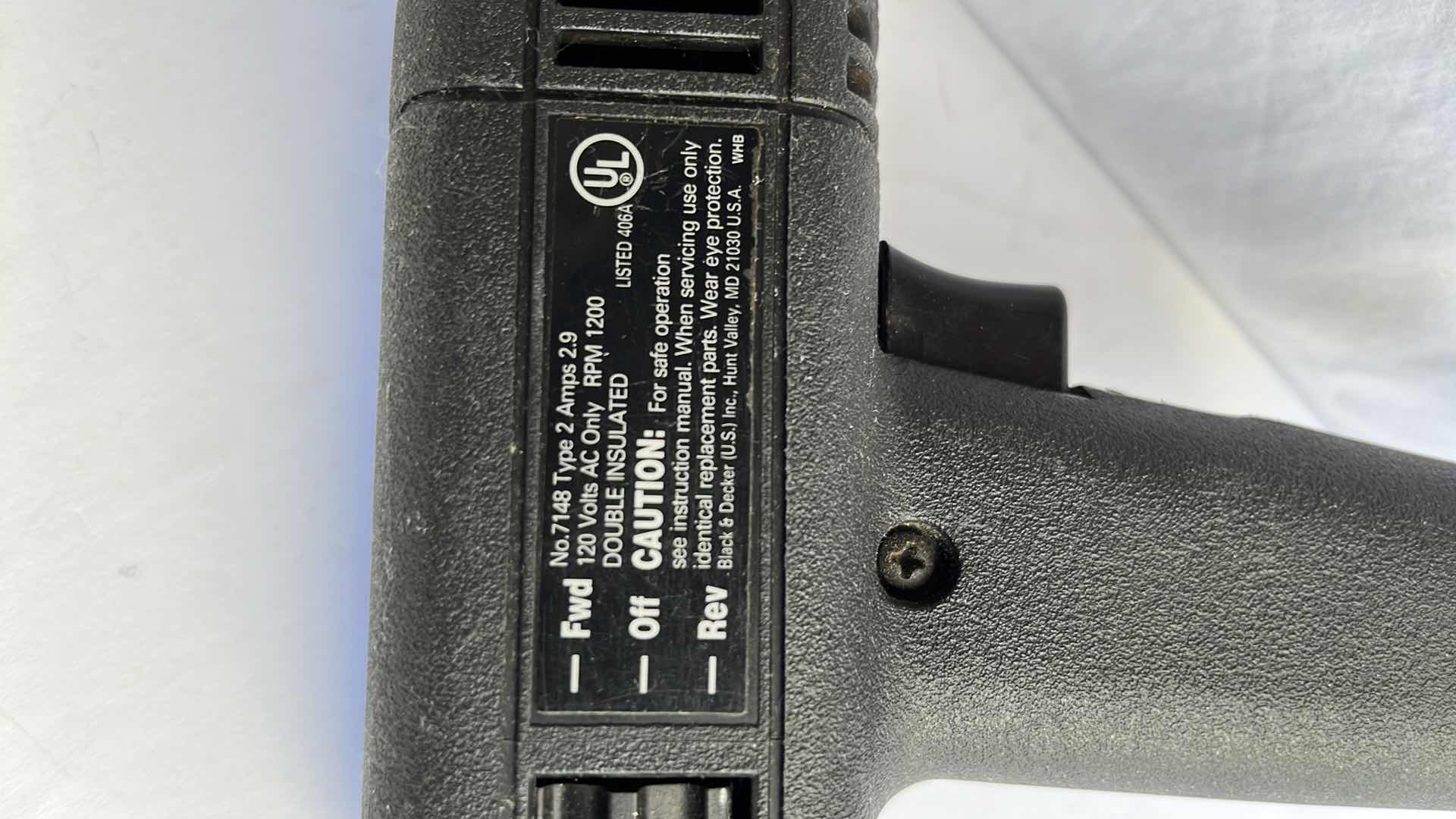 Photo 3 of BLACK & DECKER 1/3 HP 3/8 REVERSING DRILL (MODEL 7148)