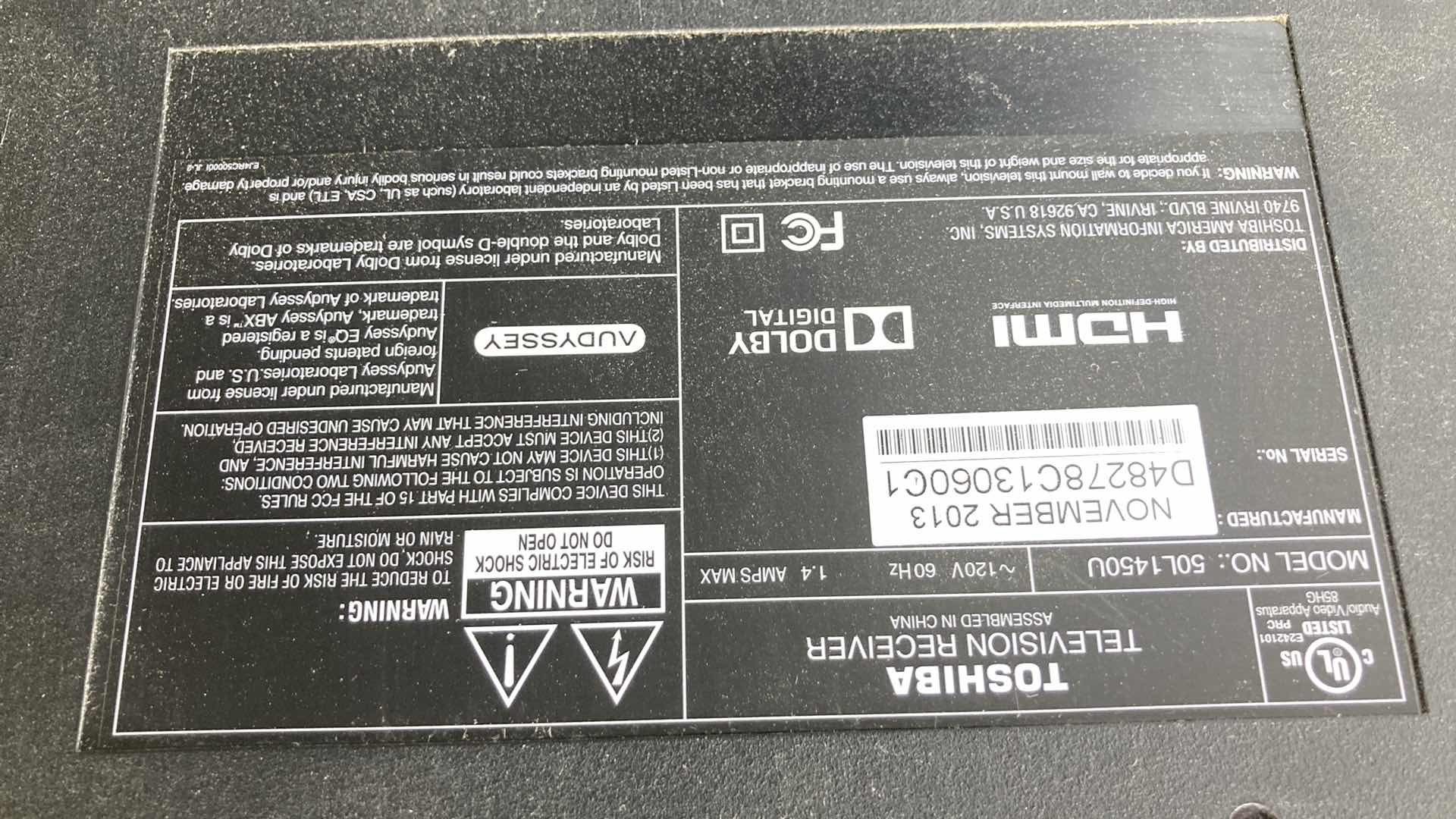 Photo 1 of TOSHIBA 50” HD TV MODEL 50L1450U W REMOTE