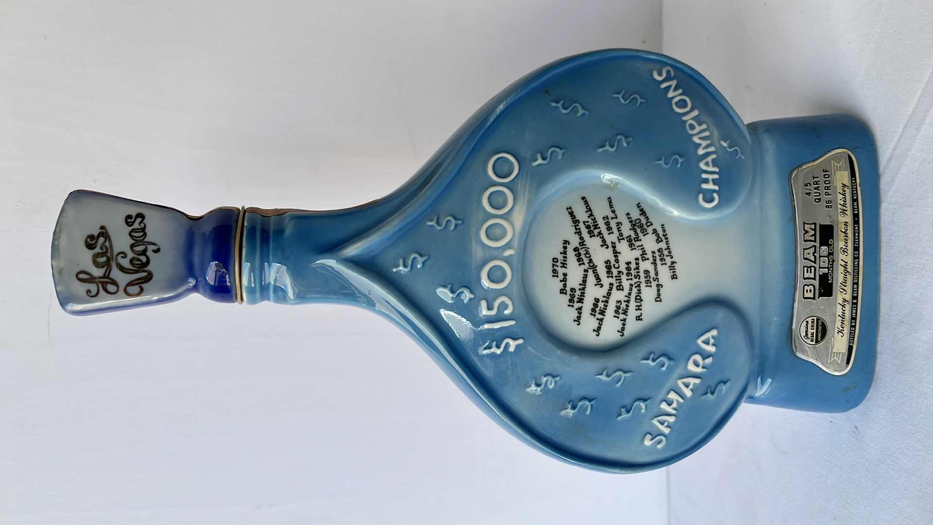 Photo 1 of DEL WEBB GOLF PRO-AM LAS VEGAS SAHARA INVITATIONAL 1971 JIM BEAM BOURBON CERAMIC WHISKEY BOTTLE 6.75” X 12.25”