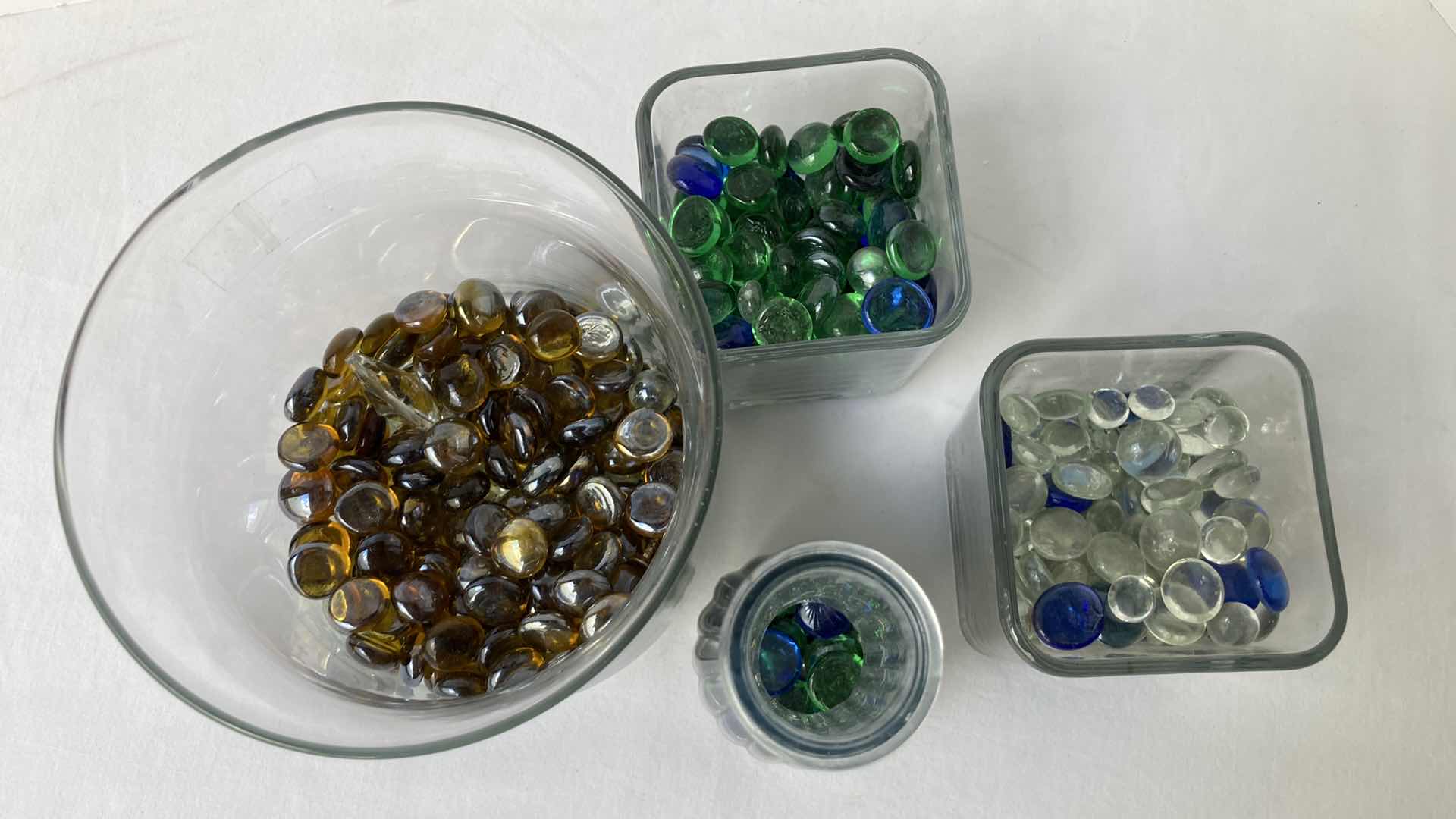 Photo 1 of CLEAR GLASS 9” VASE & JARS W MULTI COLOR MARBLES