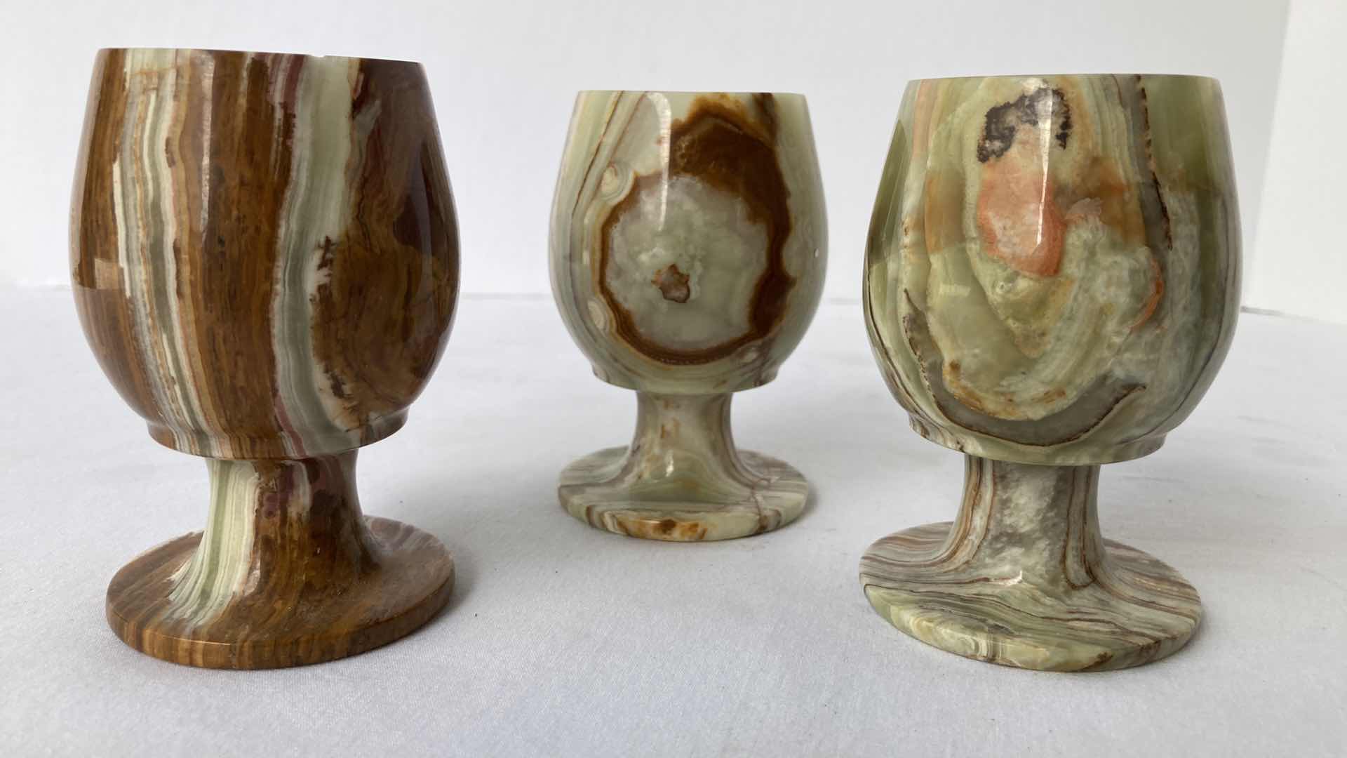 Photo 1 of MARBLE ONYX 3.75” GOBLETS (3) W CERAMIC PITCHER H9.5”