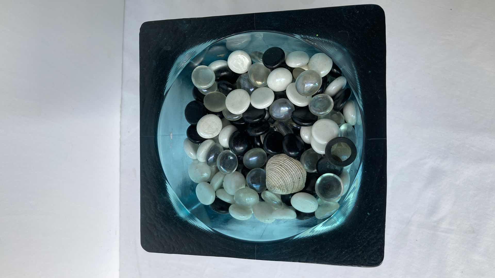 Photo 1 of TEAL CLEAR GLASS VASE W MARBLES 6.5” X 6.5” H11”