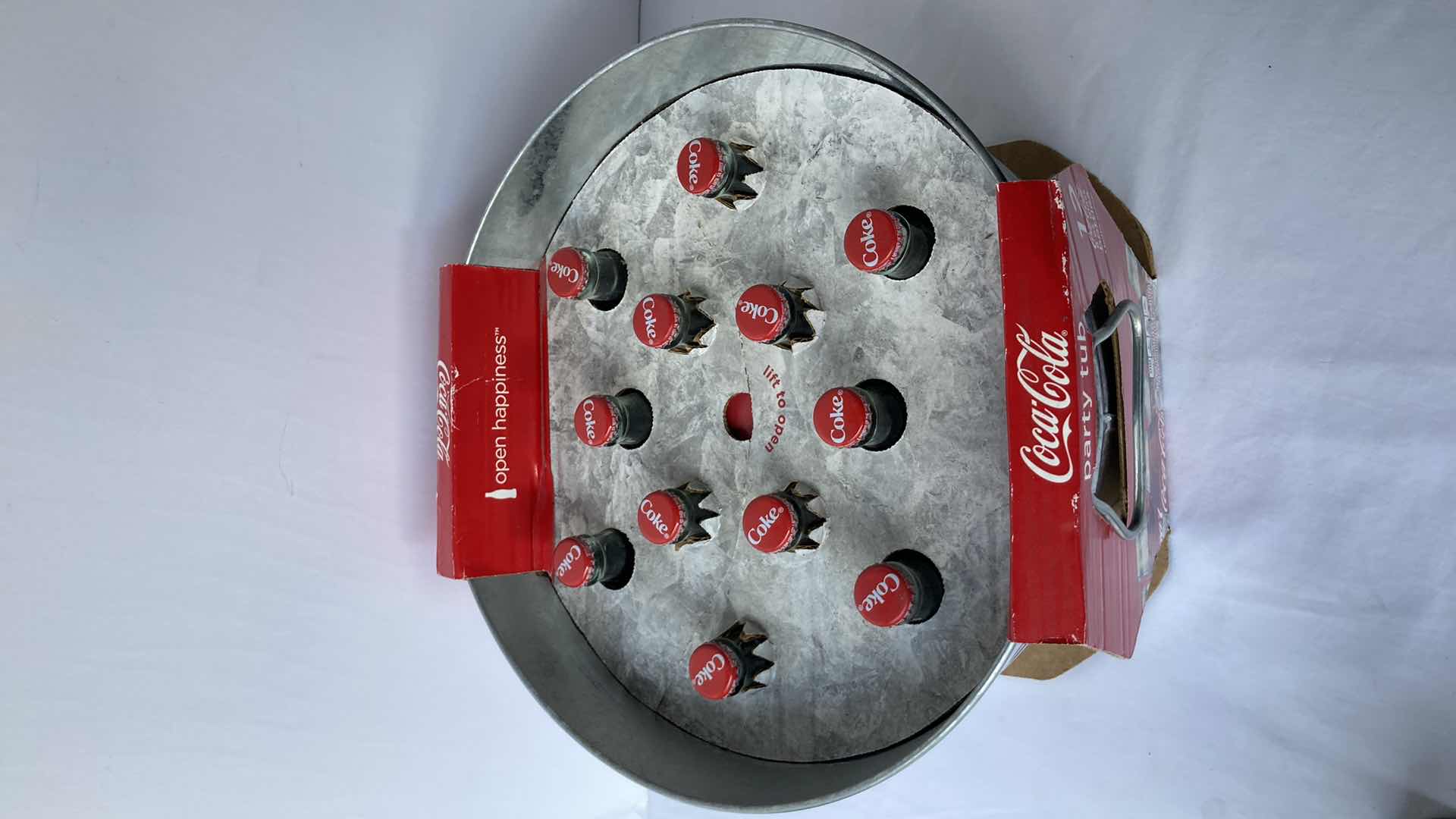 Photo 1 of NEW COCA-COLA PARTY TIN TUB W 12 8OZ FULL GLASS BOTTLES 14.5” X 9”