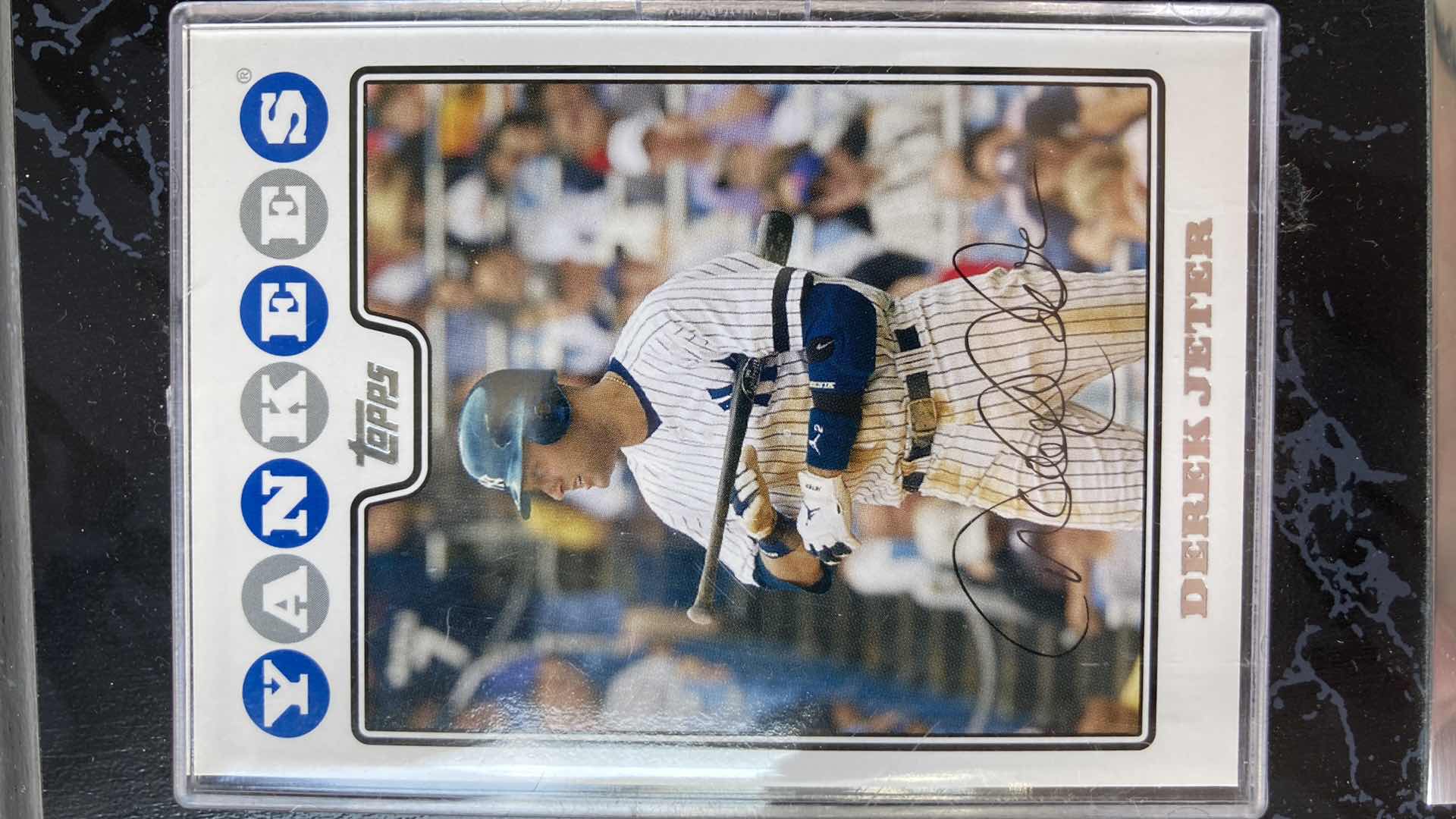 Photo 1 of TOPPS DEREK JETER YANKEES AUTOGRAPHED BASEBALL CARD W NEW YORK YANKEES MARBLE FINISH PLAQUE 5” X 7”
