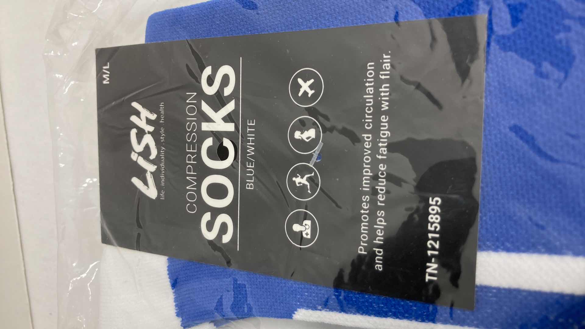 Photo 1 of NEW LISH BLUE/WHITE FOOTBALL COMPRESSION SOCKS SIZE M/L (3)