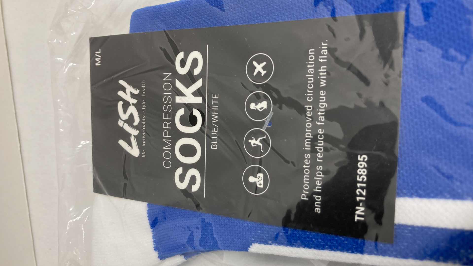 Photo 1 of NEW LISH BLUE/WHITE FOOTBALL COMPRESSION SOCKS SIZE M/L (3)
