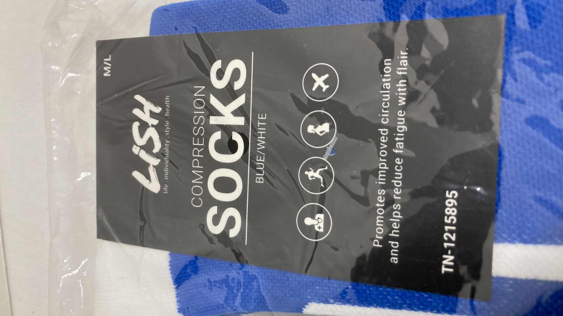Photo 1 of NEW LISH BLUE/WHITE FOOTBALL COMPRESSION SOCKS SIZE M/L (3)
