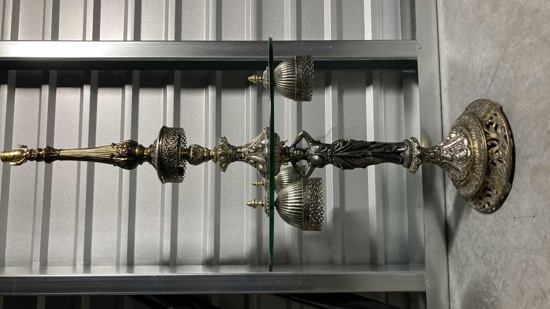 Photo 2 of LOEVSKY & LOEVSKY METAL CASTING L & L WMC 1968 ORNATE BRASS, GOLD, SILVER FINISH TALL GLASS TABLE LAMP 24” X 50”