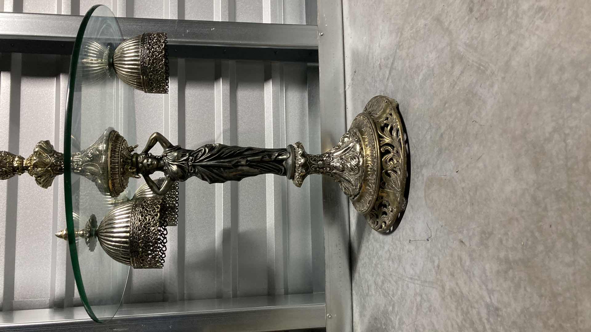 Photo 3 of LOEVSKY & LOEVSKY METAL CASTING L & L WMC 1968 ORNATE BRASS, GOLD, SILVER FINISH TALL GLASS TABLE LAMP 24” X 50”