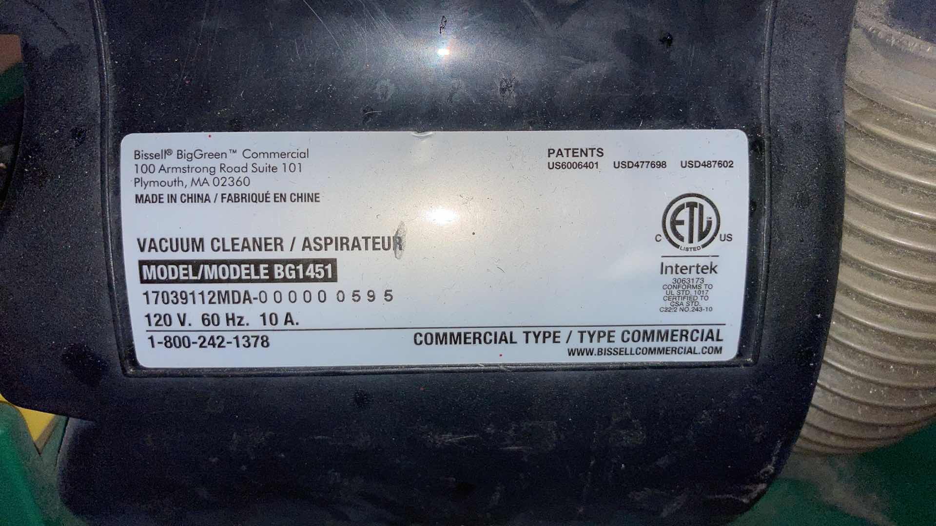 Photo 5 of BISSELL BIG GREEN COMMERCIAL VACUUM MODEL BG1451