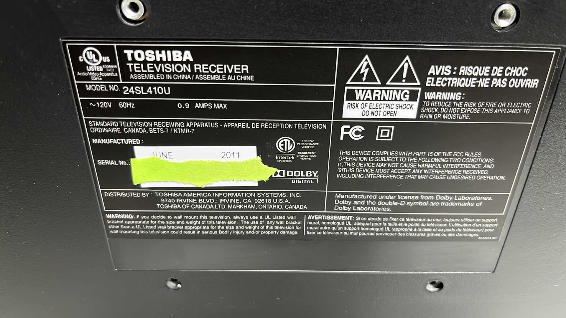 Photo 5 of TOSHIBA 24” 1080P LED-LDC HDTV MODEL 24SL410U