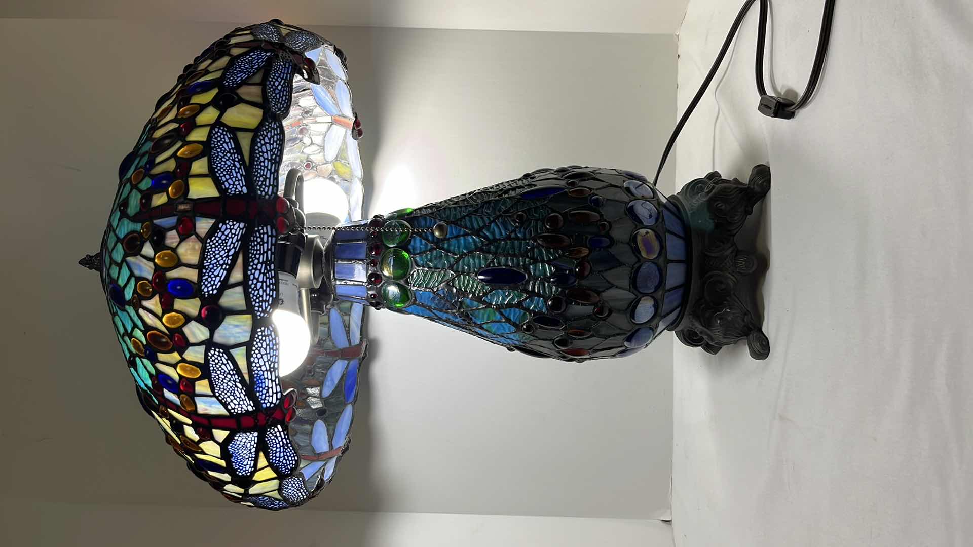 Photo 1 of TIFFANY STYLE BLUE JEWELED LEADED GLASS DRAGONFLY 25” LAMP