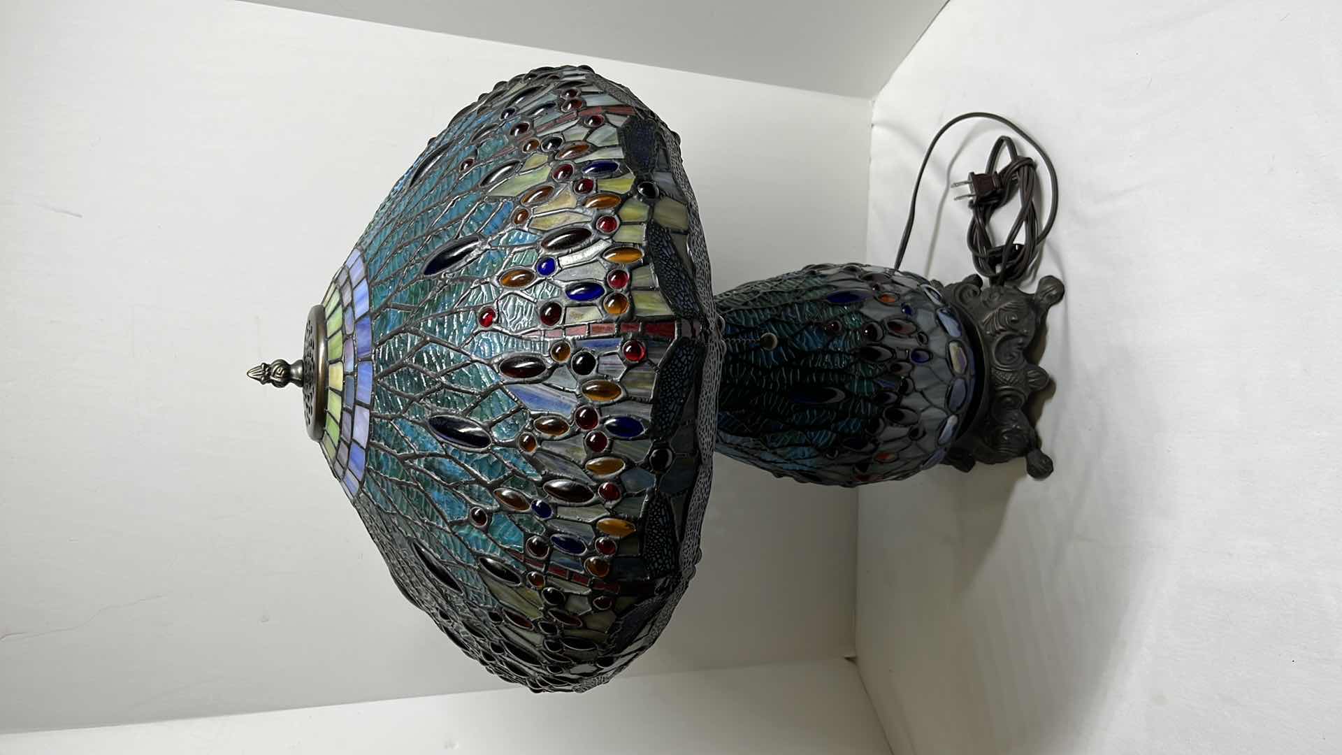 Photo 1 of TIFFANY STYLE BLUE JEWELED LEADED GLASS DRAGONFLY 25” LAMP