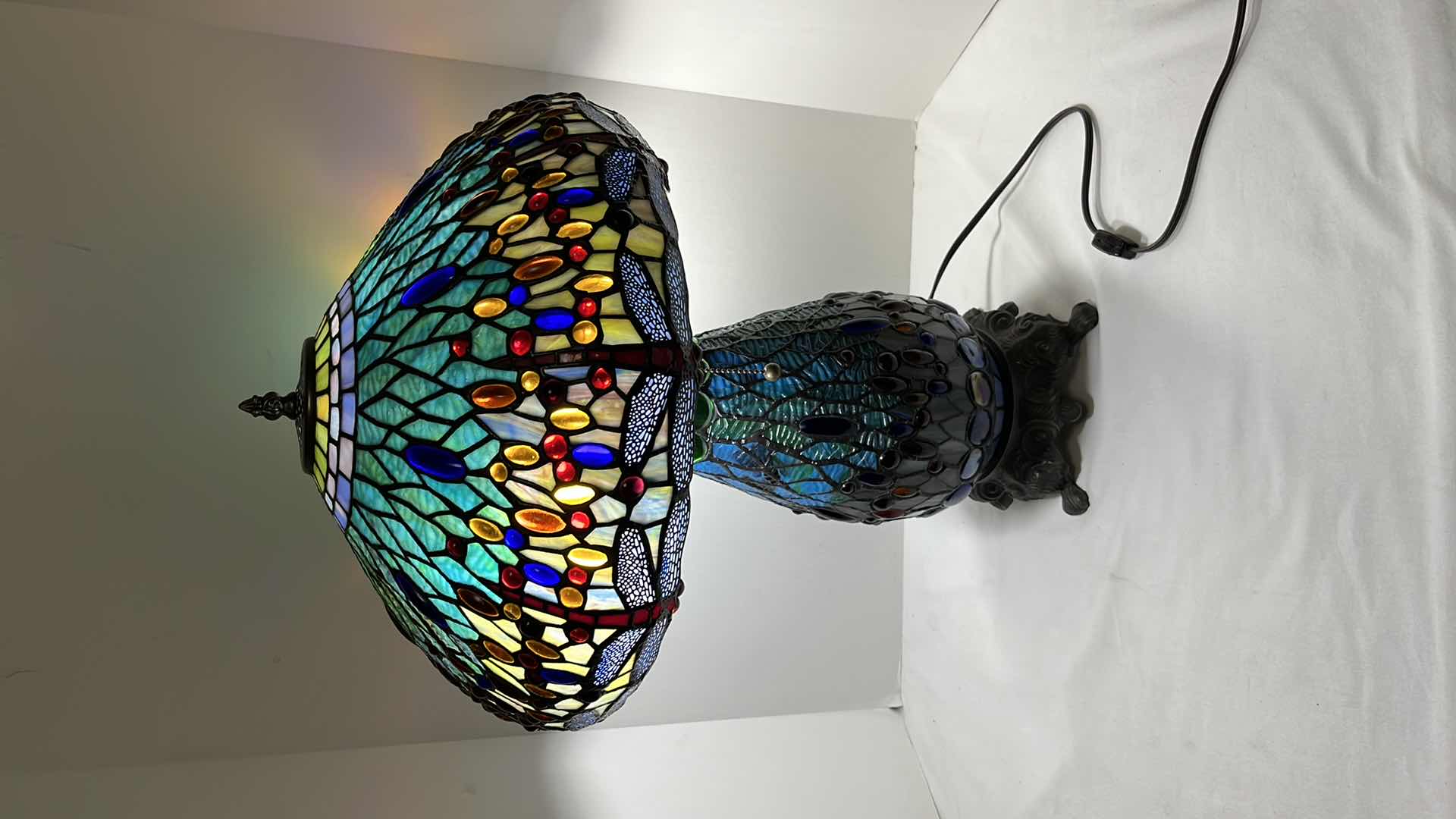 Photo 1 of TIFFANY STYLE BLUE JEWELED LEADED GLASS DRAGONFLY 25” LAMP