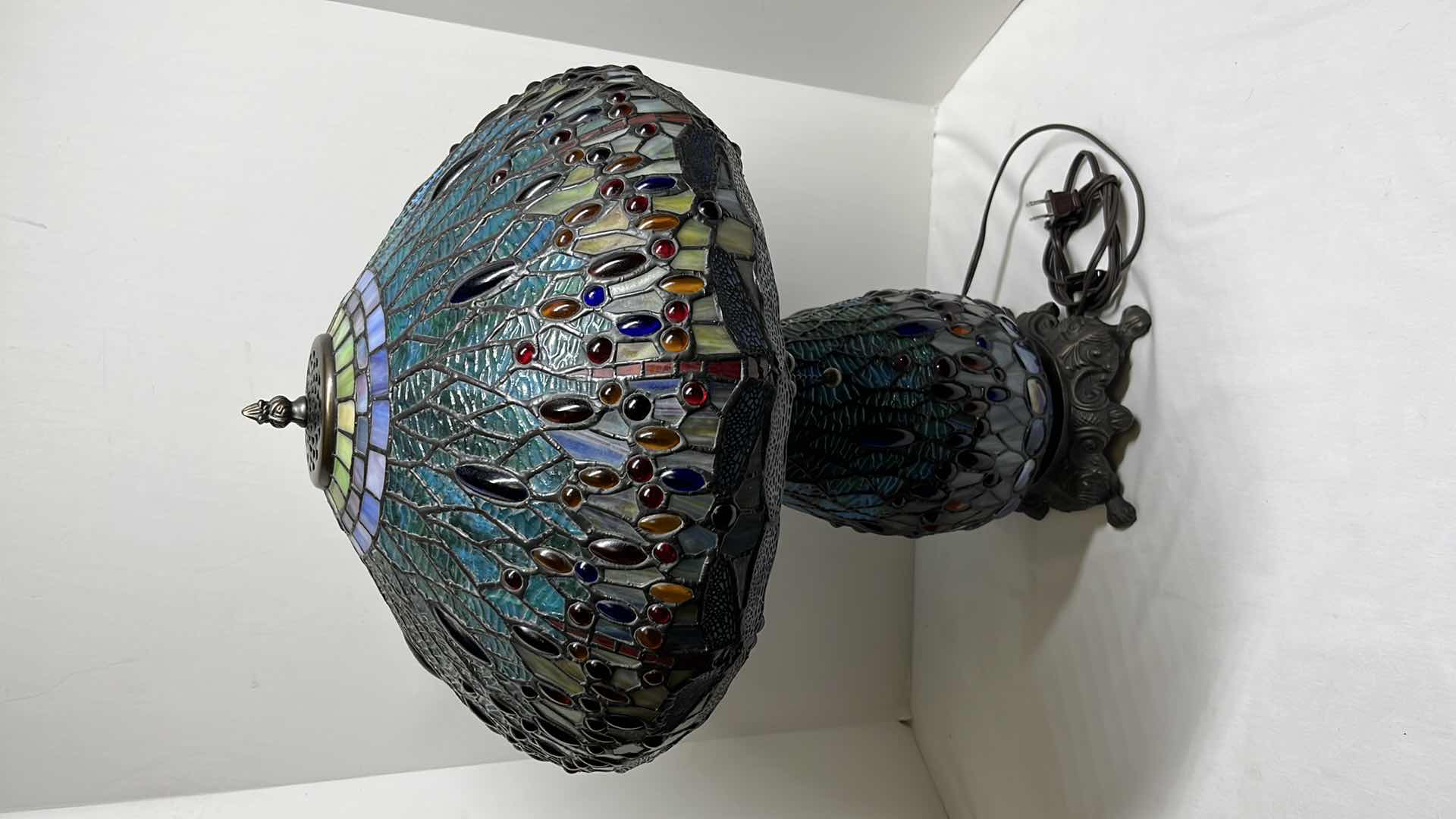 Photo 1 of TIFFANY STYLE BLUE JEWELED LEADED GLASS DRAGONFLY 25” LAMP