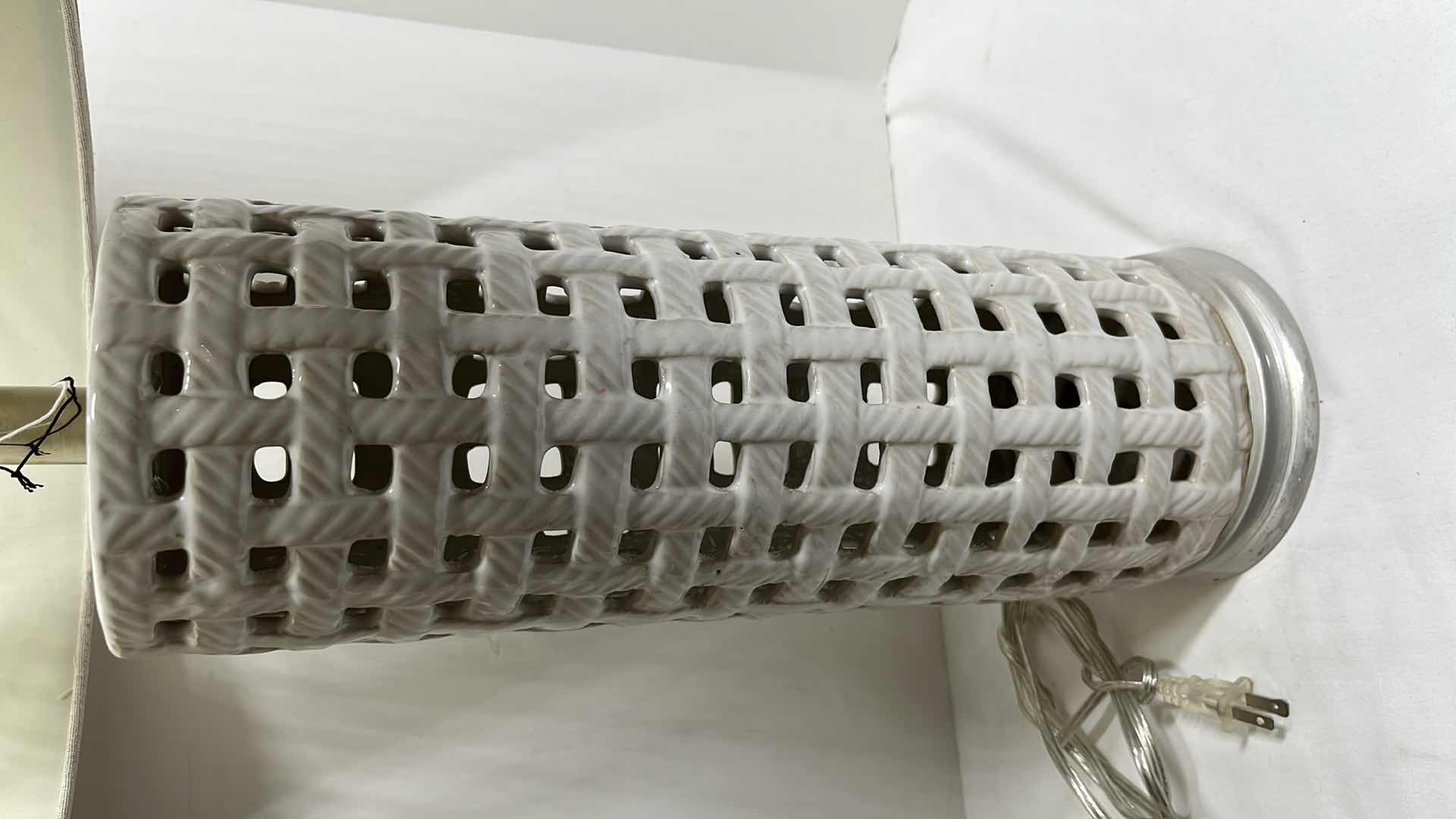 Photo 1 of BASKETWEAVE 30” CERAMIC TABLE LAMP W TWEED LAMPSHADE