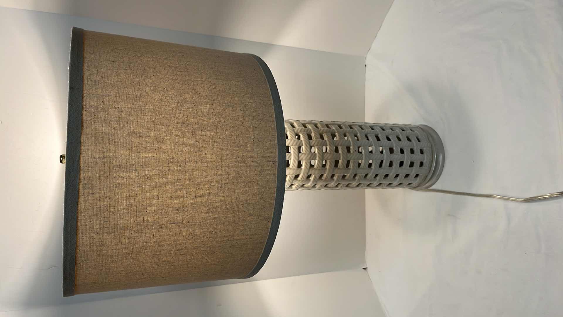 Photo 1 of BASKETWEAVE 30” CERAMIC TABLE LAMP W TWEED LAMPSHADE
