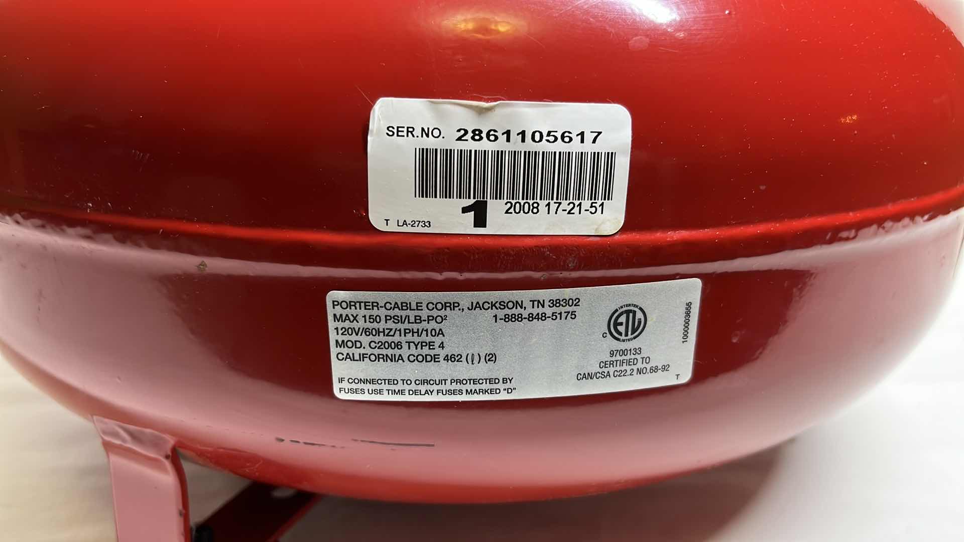 Photo 1 of PORTER CABLE 6 GAL 150 PSI PORTABLE ELECTRIC PANCAKE AIR COMPRESSOR MODEL C2006