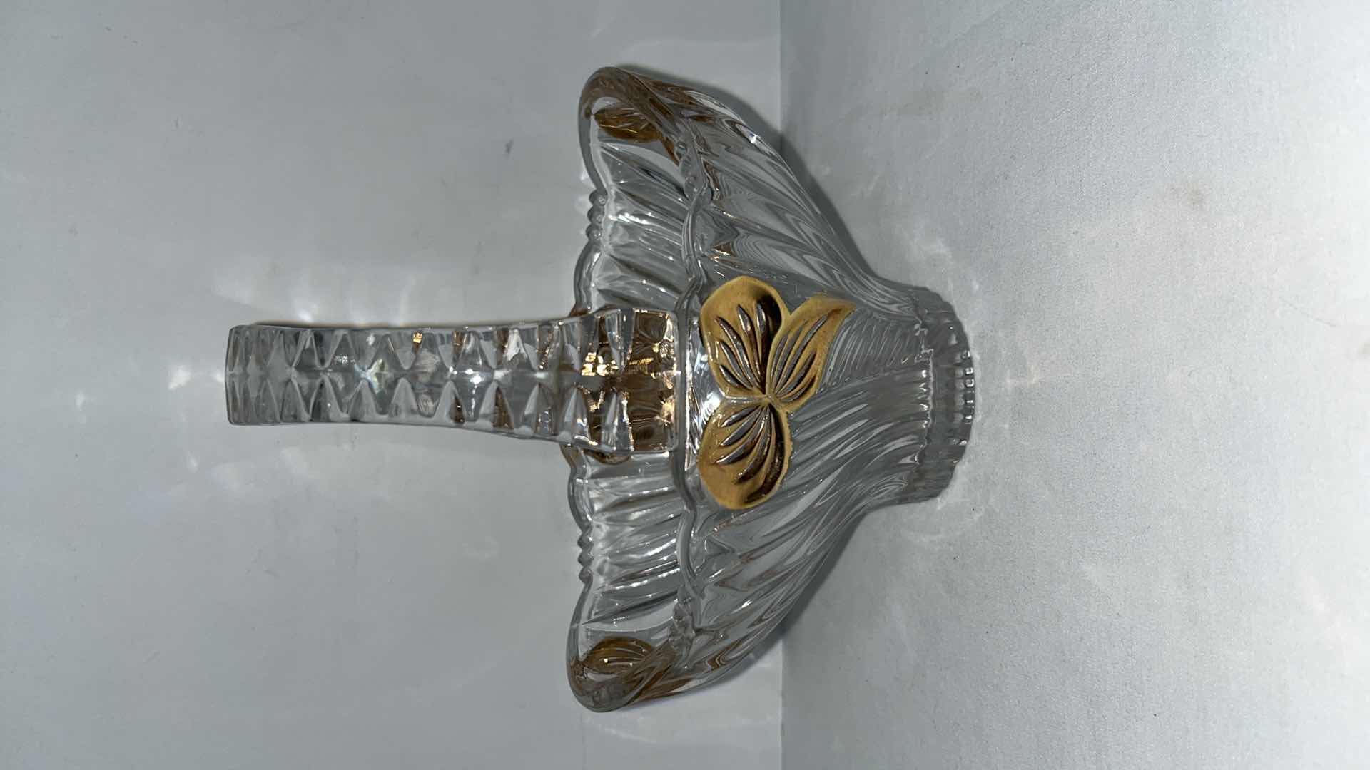 Photo 1 of CLEAR CRYSTAL BASKET CANDY DISH W GOLD ACCENTS & PAIR OF CRYSTAL CORDIAL 6” GLASSES W GOLD TRIM