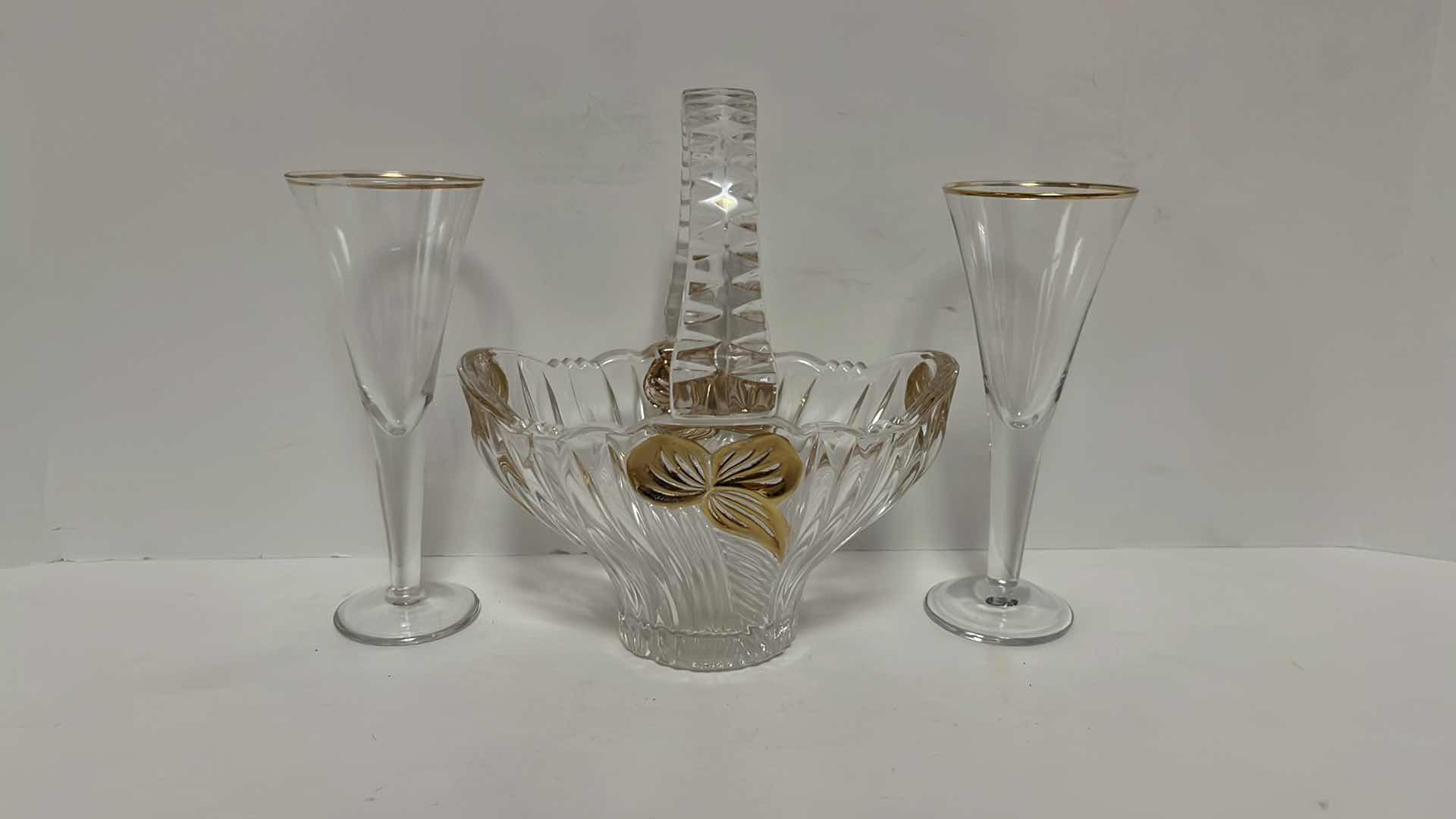 Photo 1 of CLEAR CRYSTAL BASKET CANDY DISH W GOLD ACCENTS & PAIR OF CRYSTAL CORDIAL 6” GLASSES W GOLD TRIM