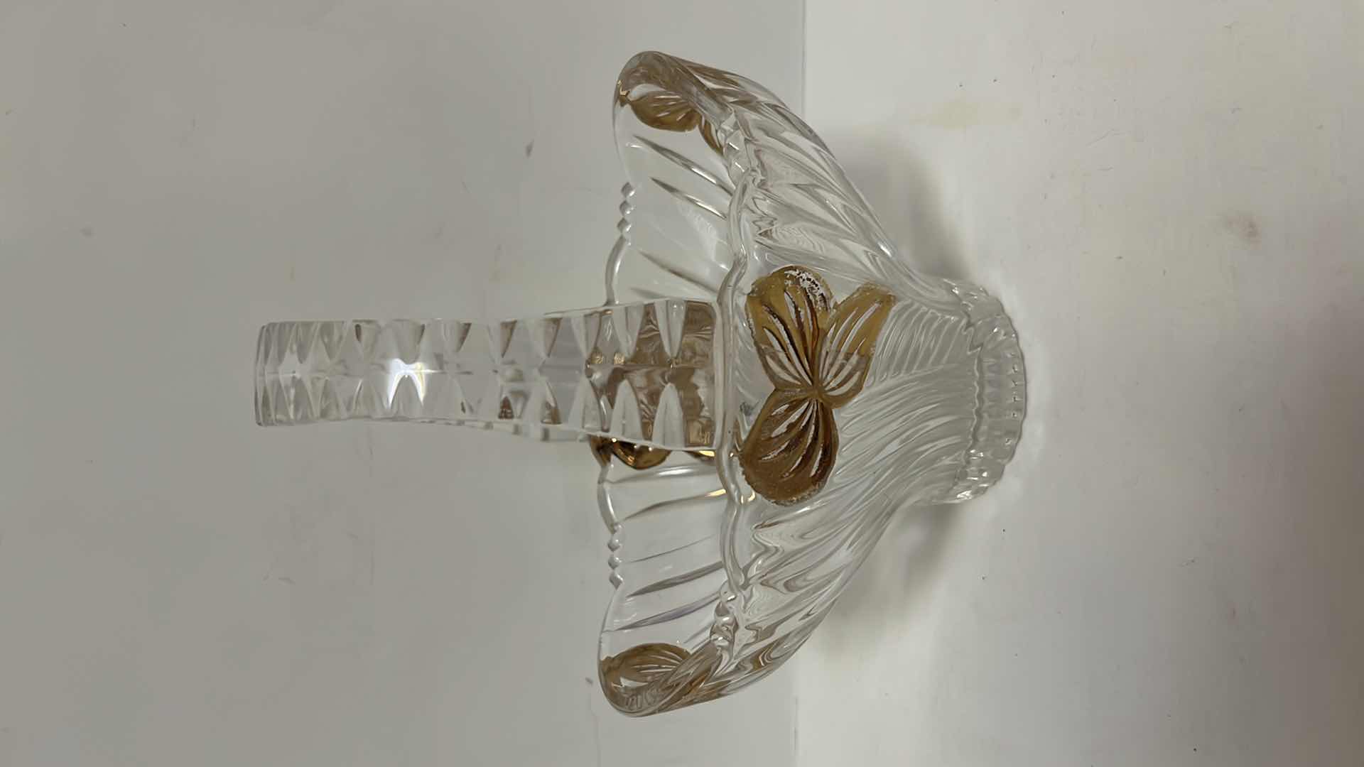 Photo 7 of CLEAR CRYSTAL BASKET CANDY DISH W GOLD ACCENTS & PAIR OF CRYSTAL CORDIAL 6” GLASSES W GOLD TRIM