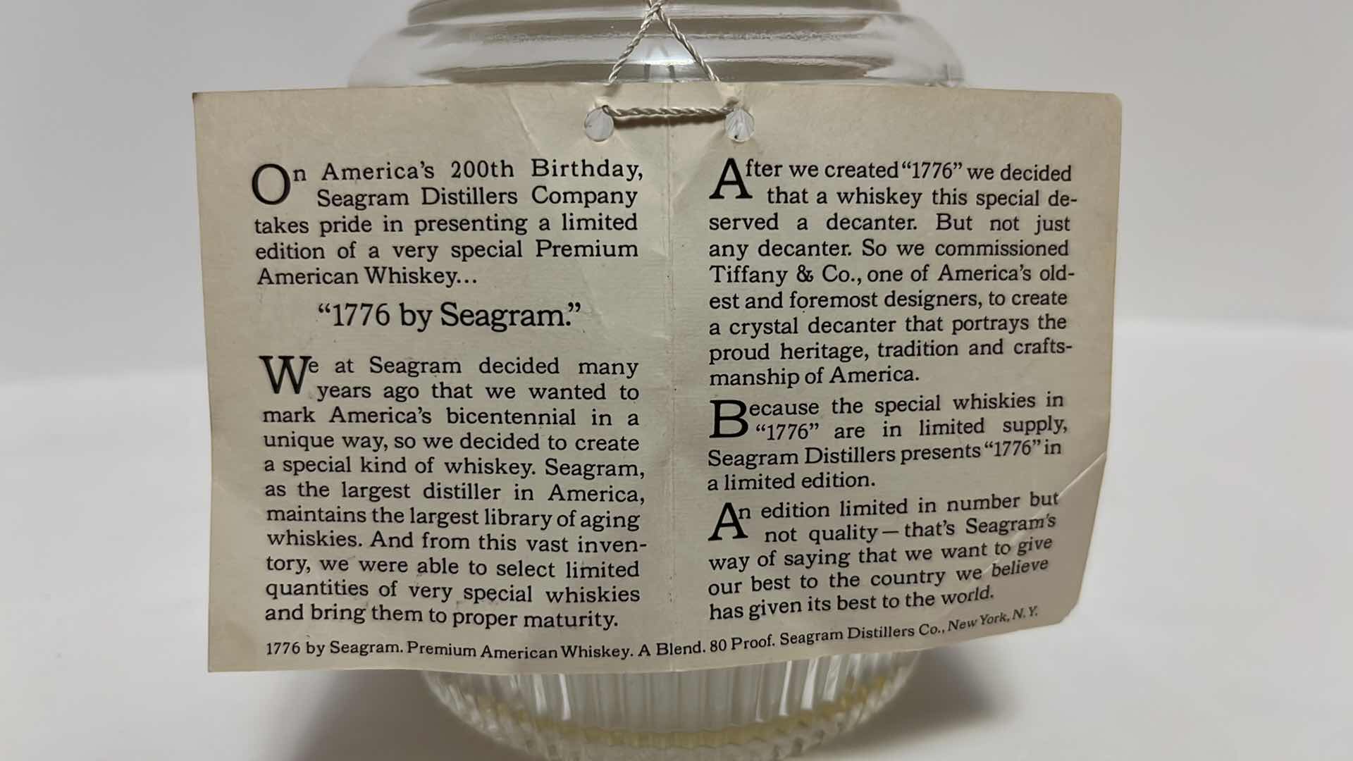 Photo 1 of TIFFANY & COMPANY SEAGRAM 1776 WHISKEY CLEAR GLASS DECANTER 4/5 QUART
